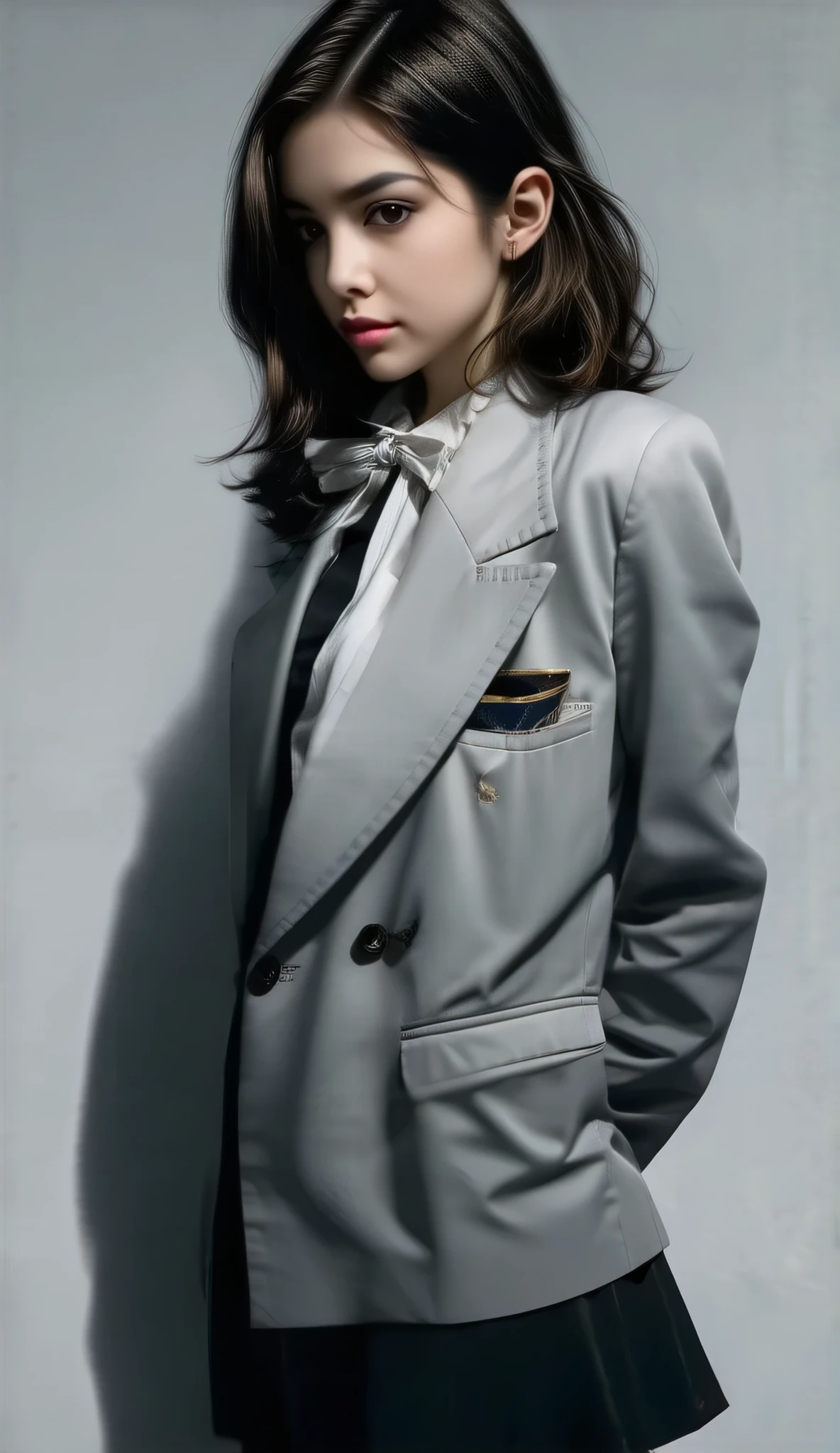 Ludmilla Von Friek, a girl with Front view of a blazer, tailored fashion design, featuring a bowtie and pocket square at the lapel, shot from a side angle, designed by Calvin Klein, refined color scheme, Backlight, clean and gray background, Unreal engine, V-ray.