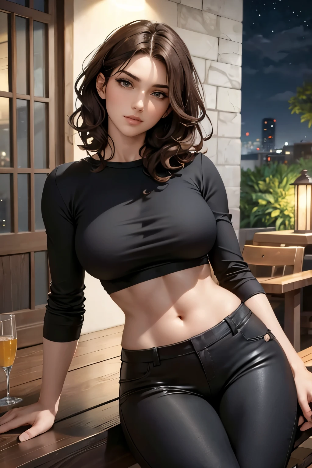 masterpiece, best quality, agrias, a woman, solo, wearing a tight black T-shirt , black pants, standing, Wavy hair, brown hair, short hair, age 22, muscular , detailed face, detailed face, modern house patio, sitting on a chair, head up, Night time, showing navel