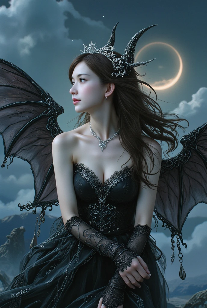 ((best quality)), ((masterpiece)), (detailed), alluring succubus, ethereal beauty, perched on a cloud, (fantasy illustration:1.3), enchanting gaze, captivating pose, delicate wings, otherworldly charm, mystical sky, (Luis Royo:1.2), (Yoshitaka Amano:1.1), moonlit night, soft colors, (detailed cloudscape:1.3), (high-resolution:1.2)