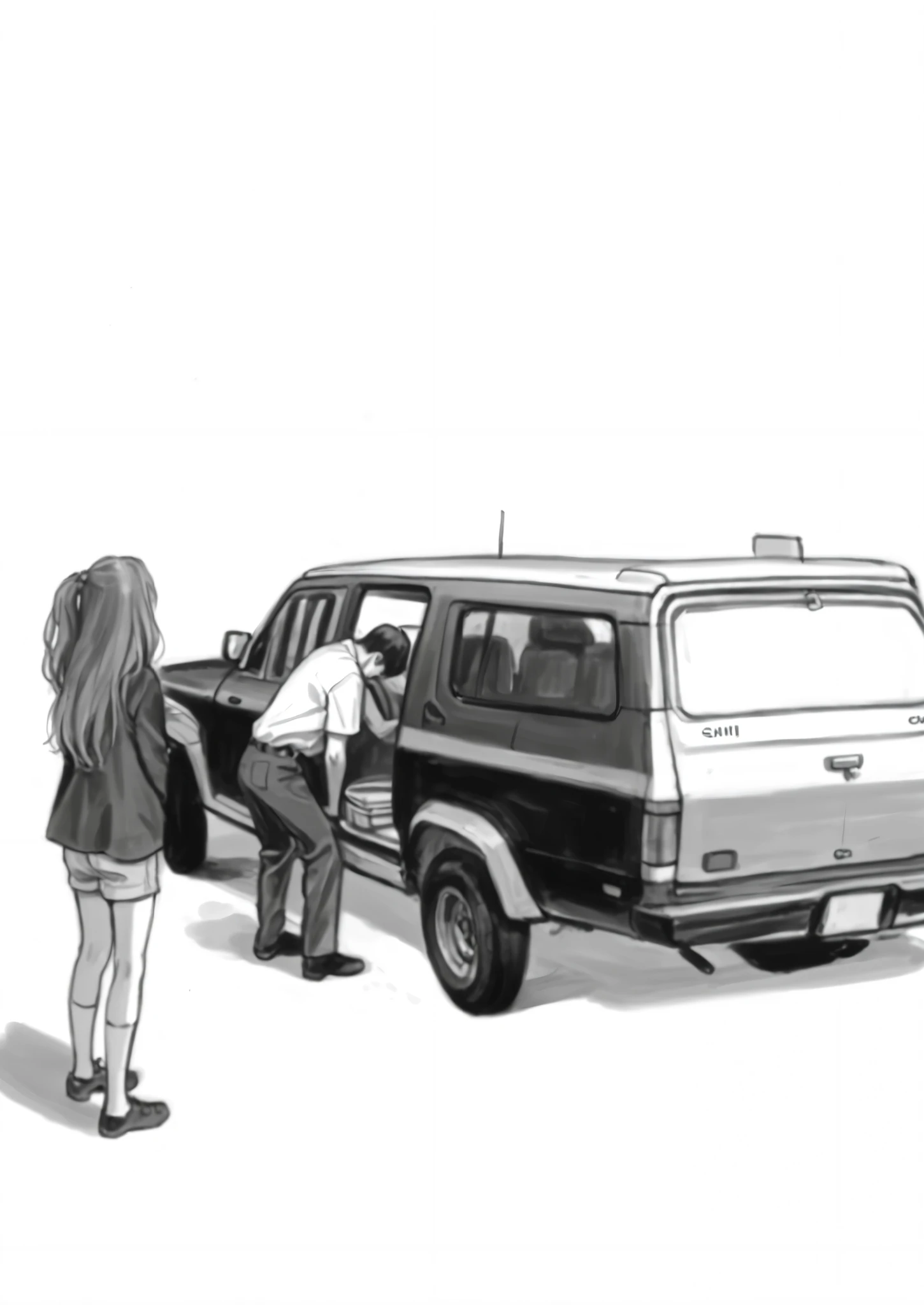 score_9, score_8_up, score_7_up, score_6_up, score_5_up, score_4_up, (realism), break sketch, shinji_chibana_artstyle, traditional pencil style, pencil drawing, monochrome, hunched man in shirt, detailed background, detailed background, (woman with back), street, illustration, (outdoor),
