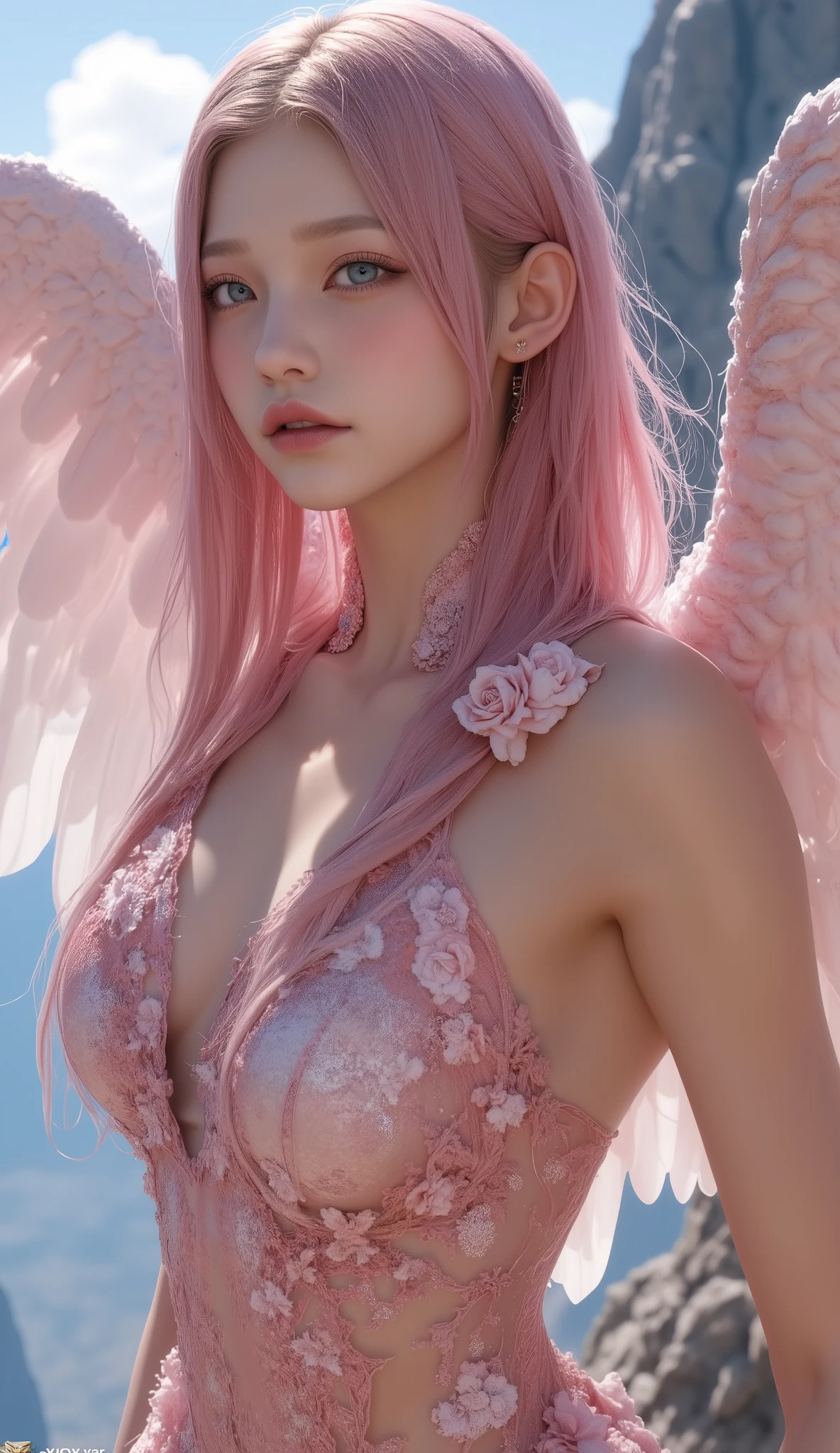 Ancient Greek clothing、Shoulder out、thin, Light pink hair, Pink Eyes, Pink and white, Vibrant colors, Paint Splash, Wavy long hair,angel, Many feathers fluttering、2 Large wings from the latissimus dorsi、Above the Clouds ,highest quality, masterpiece, Ultra-high resolution, (Realistic:1.4), RAW Photos, One girl, Off the shoulder, Modest breast,