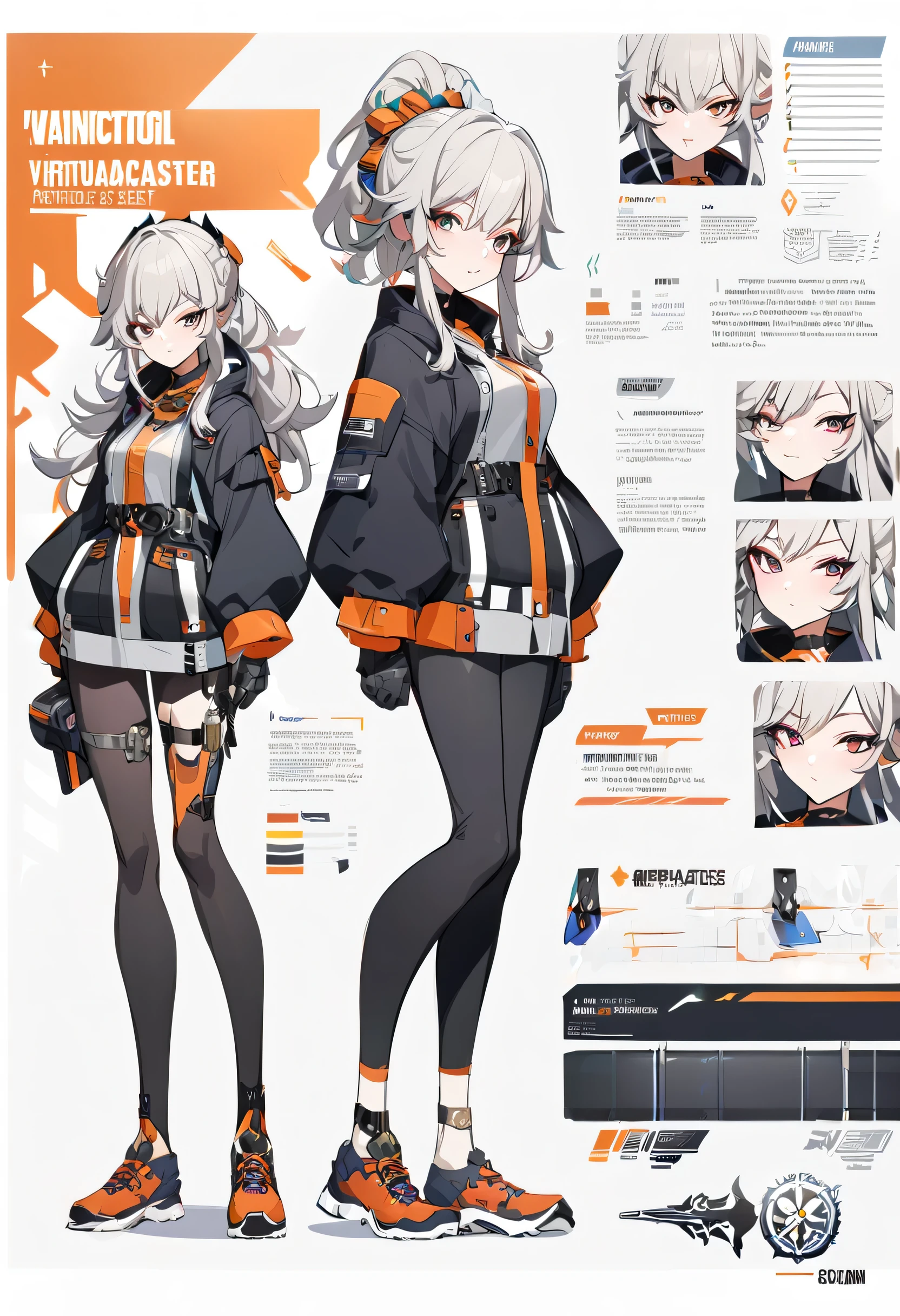 Virtual Character Design,concept character sheet, face, modern design, 1 woman,ArcanaCaster,	