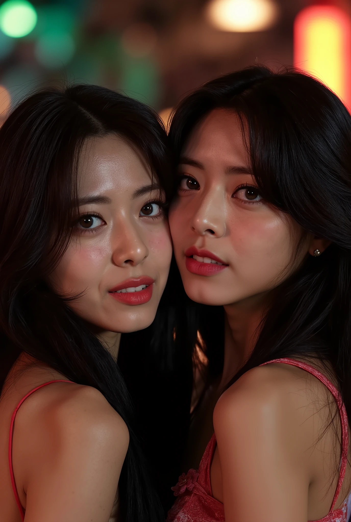An Award Winning Cinematic Photograph, Asian Princess, a realistic, close-up, cinematic documentary of 2 woman with vibrant black silk hair and eyes the hue of twilight, embracing the lively spirit of New Orleans, Louisiana, the city's music and history resonating with her adventurous heart,