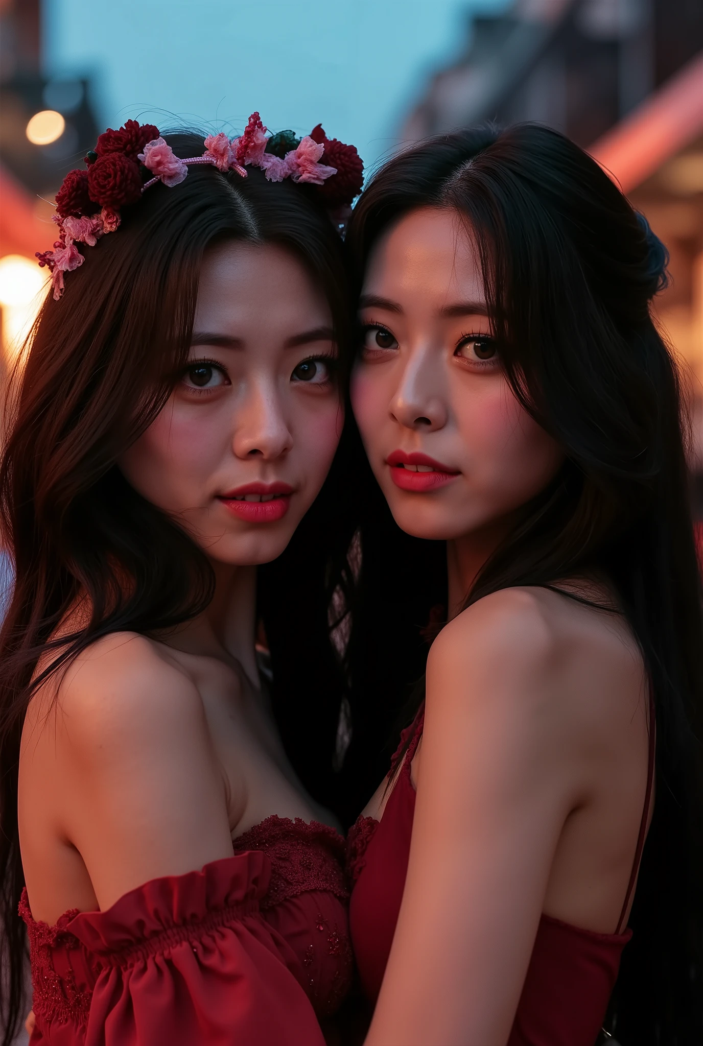 An Award Winning Cinematic Photograph, Asian Princess, a realistic, close-up, cinematic documentary of 2 woman with vibrant black silk hair and eyes the hue of twilight, embracing the lively spirit of New Orleans, Louisiana, the city's music and history resonating with her adventurous heart,