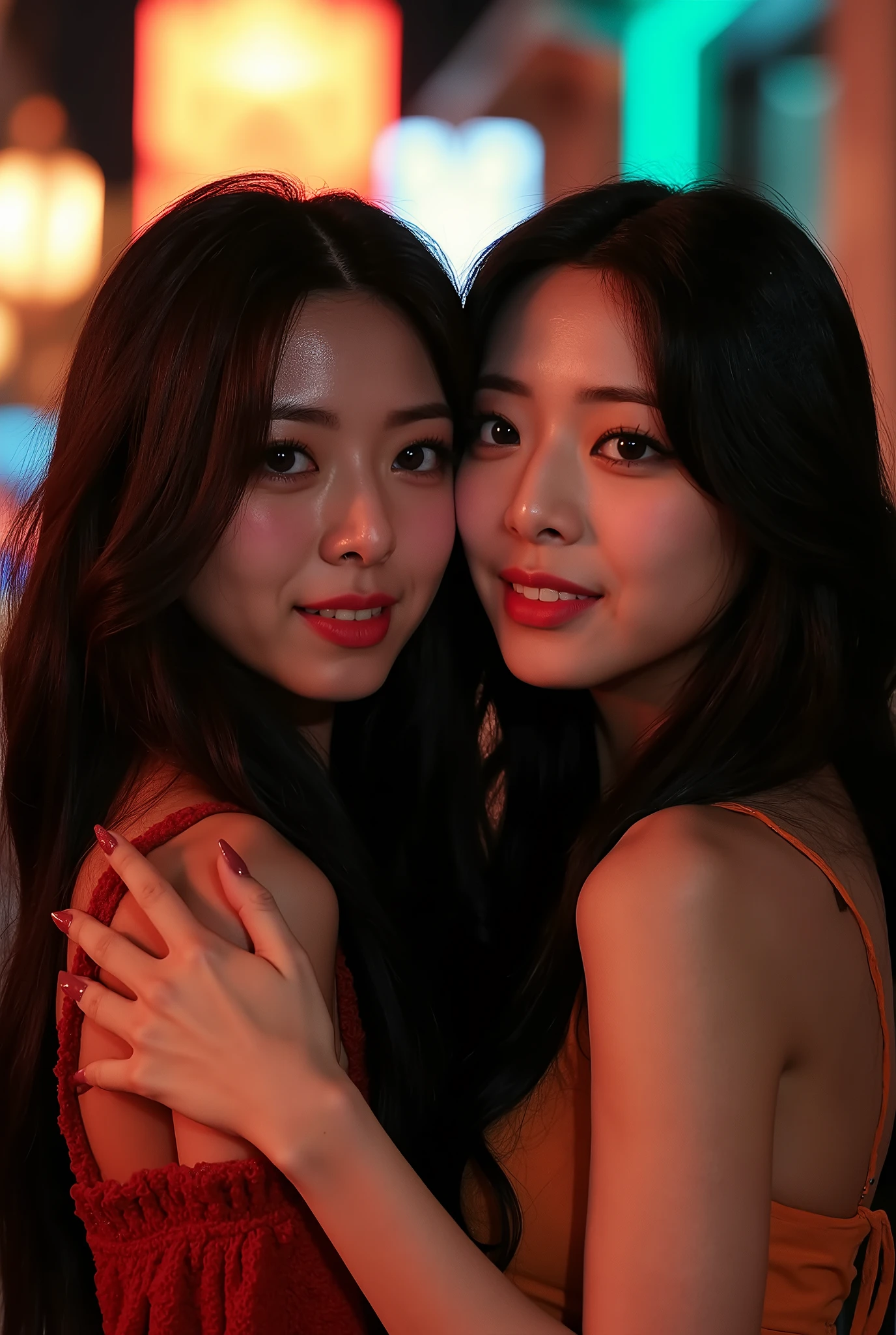 An Award Winning Cinematic Photograph, Asian Princess, a realistic, close-up, cinematic documentary of 2 woman with vibrant black silk hair and eyes the hue of twilight, embracing the lively spirit of New Orleans, Louisiana, the city's music and history resonating with her adventurous heart,