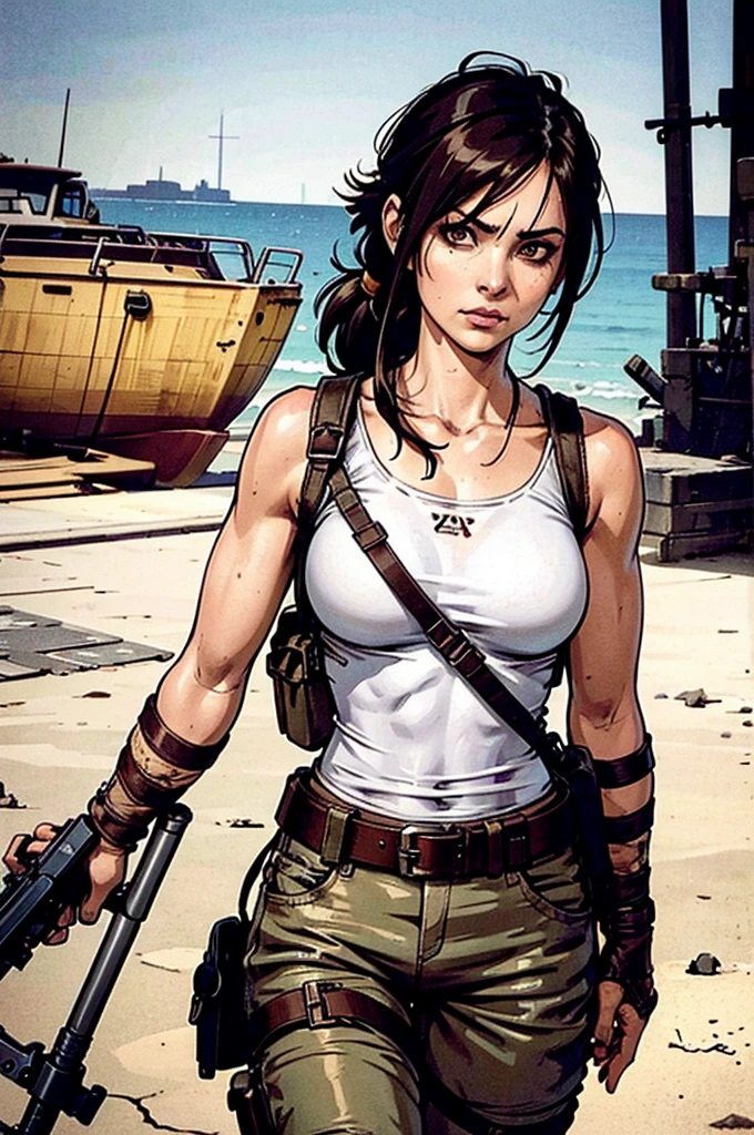 a military woman, well trained body, white sleeveless t-shirt, Exposed collarbone, beige leather shelter, blue pants, two leather belts with gun pockets, dark brown hair, carving, Brown eyes, hazel left eye, left eye with a scar, beach shore, at daytime, getting off a water boat, threatening expression looking at viewer, sparkling beach, palm trees around, In a post-apocalyptic environment, post - apocalyptic cowgirl, Post - Apocalyptic style, Post apocalyptic clothing, pose, post-apocalyptic, Postapocalyptic style, post apocalyptic grunge, Post - Apocalyptic Scavenger. (Ultra quality) 8k quality, detailed, perfect light, perfect angle, perfect sharpness. Boromey Meas
