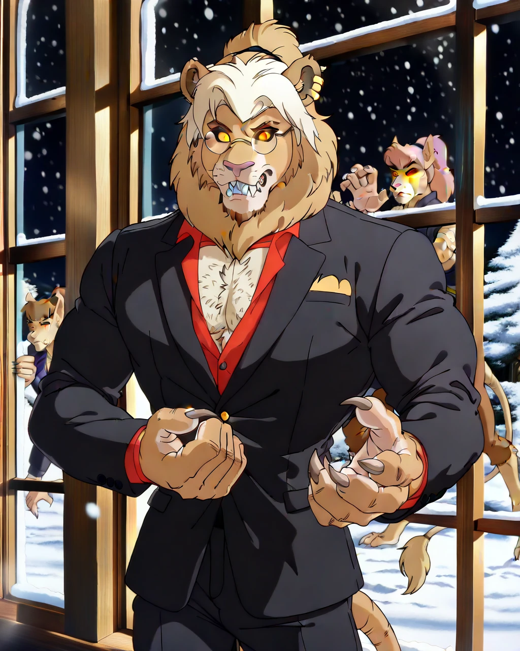 While eating at a fancy restaurant, Cornelius has been infected with rat rot.  masterpiece,best quality,amazing quality, absurdres,  1man, solo, ratrot, short hair, brunette, transformation, sharp nails, yellow eyes, warty, hairy, rr_teeth,  rr_pointed_ears, rr_nose, black suit, Best Quality, high quality, Ultra high resolution ,handsome, Fine Eyes,delicate face, g score_9, score_8_up, score_7_up, score_6_up, dynamic pose,masterpiece,anthro,solo, ((Cornelius, Male, furry, Lion anthro, Medium muscular lion, no mane, brown, light brown lion, feline, brown pony tail hair, lion ears, wearing tiny gold round glasses, sexy, hands, standing, posing, good anatomy, arms, male anatomy, perfect anatomy, perfect body no defects, hands, 5 fingers, perfect hands, completely perfect body, 4k (Realistic eye details 1.2), fluffy fur, source anime, best quality, anthro, A muscular lion man with a strong build. He has a well-defined jawline. His fur is brown, pony tail hairstyle, no mane, mature male, anthro, feline, animatronic, good drawn sharp teeth, no blur, claws, ear piercing, white sclera, yellow eyes, long thick rat tail, male, countershade, fur,white sclera,tall male,hairy male,muscular male,close up, Two tons of fur, ( black fur :0.8), Broad shoulders, Narrow waist, teeth, , chest hair))  Eyes glow，BREAK Score_9_up ,Score_8_up ,Score_7_up ,Score_6_up, Fluffy fur ,night, Snow outside window, muscular, brown goatee, Black Eyelashes