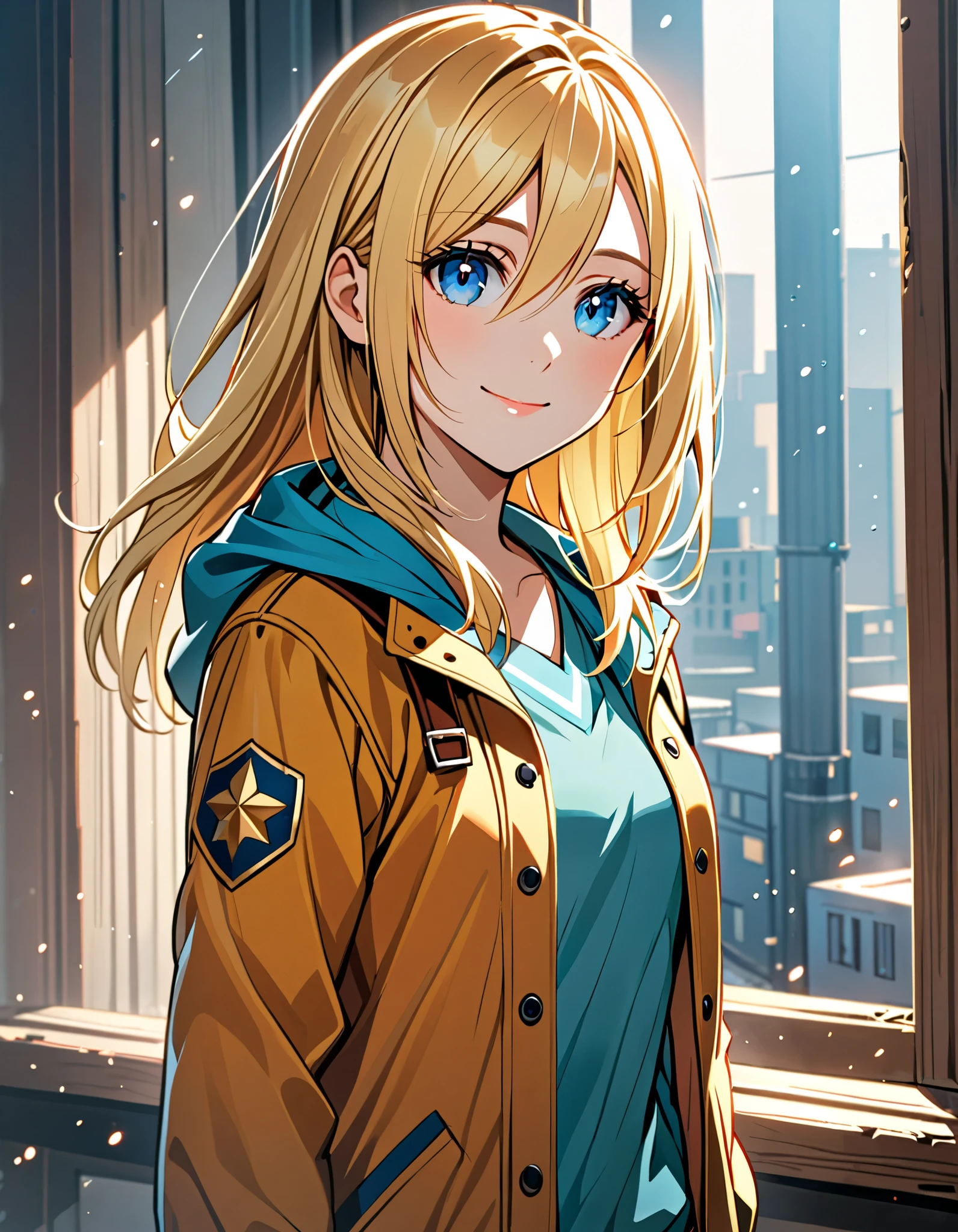 ChristiaAOT, 1girl , Alone, christa renz, smile, hair between eyes, blue eyes, blonde hair, jacket, medium hair,