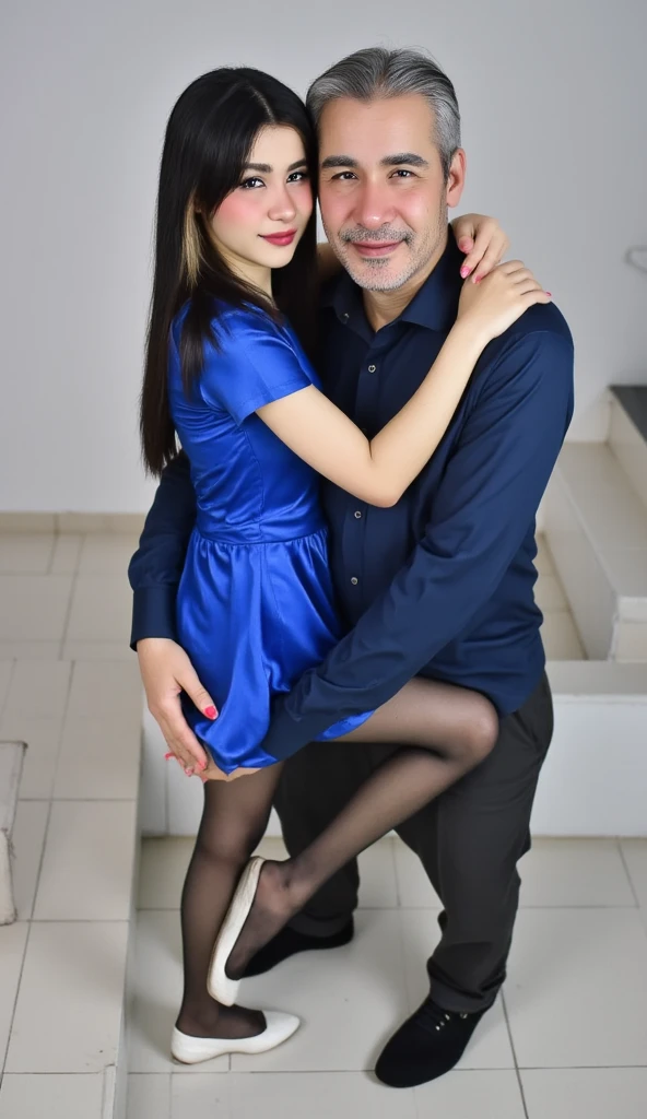 Long wavy dark hair with bangs ((looks like 20yr old sexy model Bettie Paige)), bangs hair, (( 30 yrs old MILF))) with a much younger (teen) handsome male wearing teenager male clothing, babe with fitted short black a-line flare dress, black holiday dress, black ultra sheer high gloss pantyhose, sitting on floor with her legs open wide, couple sits by a Christmas tree, legs are open exposing her seamless pantyhose crotch, male caresses her ((he pulls up her sexy dress to see her pantyhose and tiny black panties))), he wants to fuck her under the Christmas tree, he fondles her touching her pantyhose crotch, she wears no shoes exposing her cute pantyhose feet, UHD