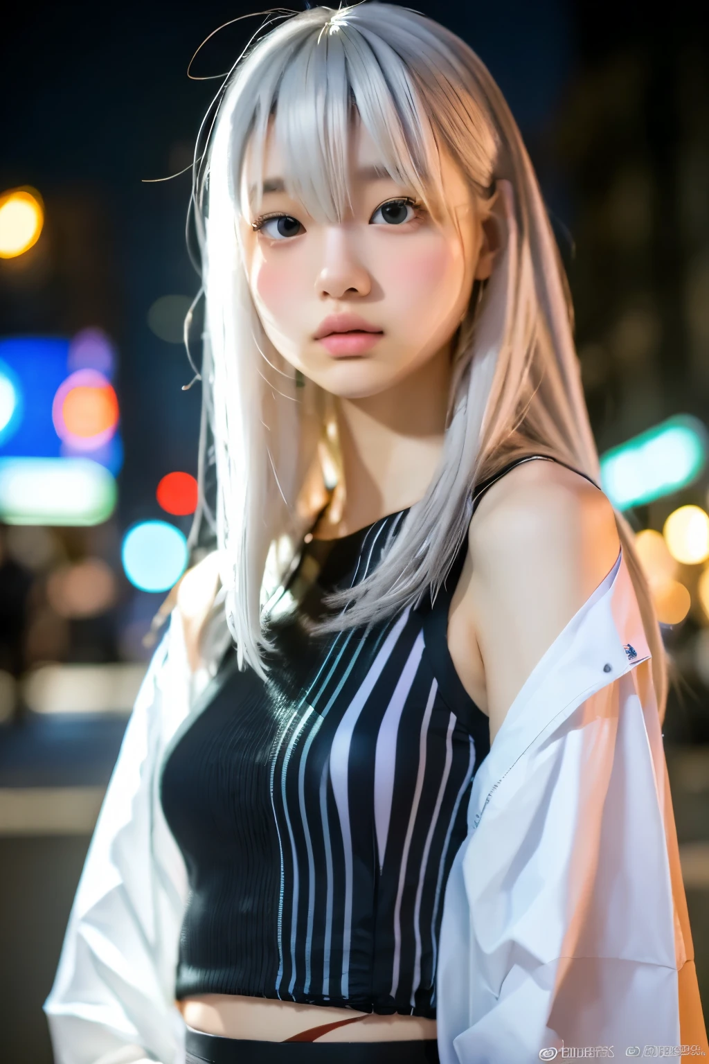 masterpiece, high quality, High Resolution, 8k, (Alone:1.2), ((1 girl)), Japanese Woman, detailed faces, detailed eyes, The right build, upper body, (( white hair:1.2)), very long hair, Halterbra, slim body,  Fascinating Silhouettes , Glorious skeleton, depth of field, Dark photo at night,  dimly illuminated , bangs, cinematic lighting,  Tyndall phenomenon ,  abstract background, Futuristic costume, bright colors,   modern style , Wide Sleeves,  artistic,   unique pattern , colorful, stylish, trend
