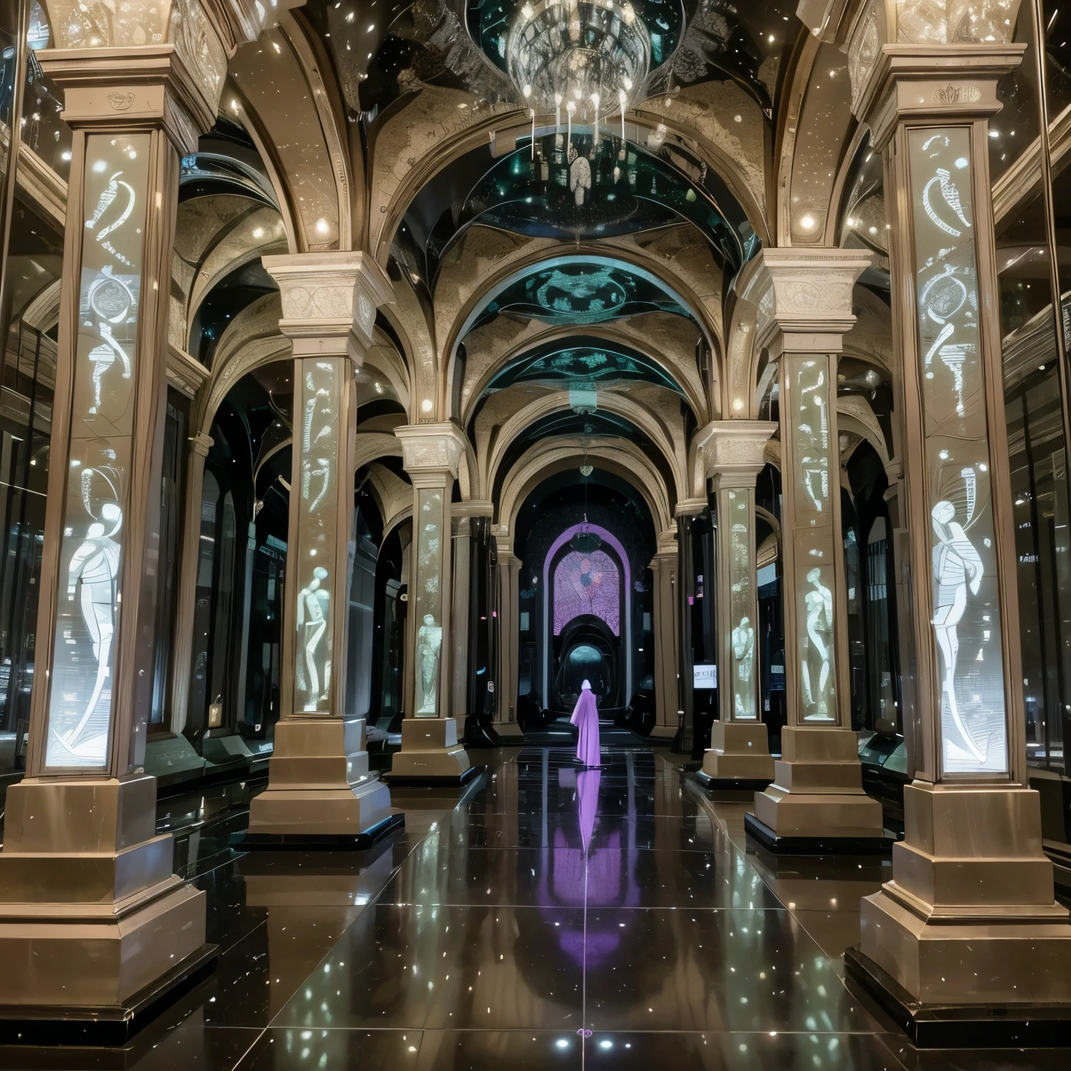 "An impressive bronze statue in a futuristic hall, minimalist and smooth. The sculpture depicts four standing men, dressed in robes, in deep contemplation, looking up. on the ground, Before them , there is a fifth man lying with open arms, as if surrendering to something greater. The room is illuminated by artificial lights and cool colors such as white and gray, the blue, the green and violet reflecting in the metallic details of the statues. The walls are adorned with sacred symbols: the stylized letter 'T', triangles and a cross with a circle at the top and a straight tip. The environment conveys a sense of mystery and spirituality, as if the statue represented a moment of deep religious or philosophical connection."