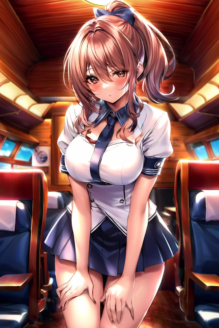 NSFW,Highest quality, Official Art, masterpiece, Fabric Shading, High resolution, Very detailed, colorful, Best details, (Adult,19 years old, One Girl, transformation:1.5, Bitch, Long Hair, Brown Hair, White T-shirt、Long Skirt、Exposed in the city, skirt lift, Showing off her high leg panties and stockings,