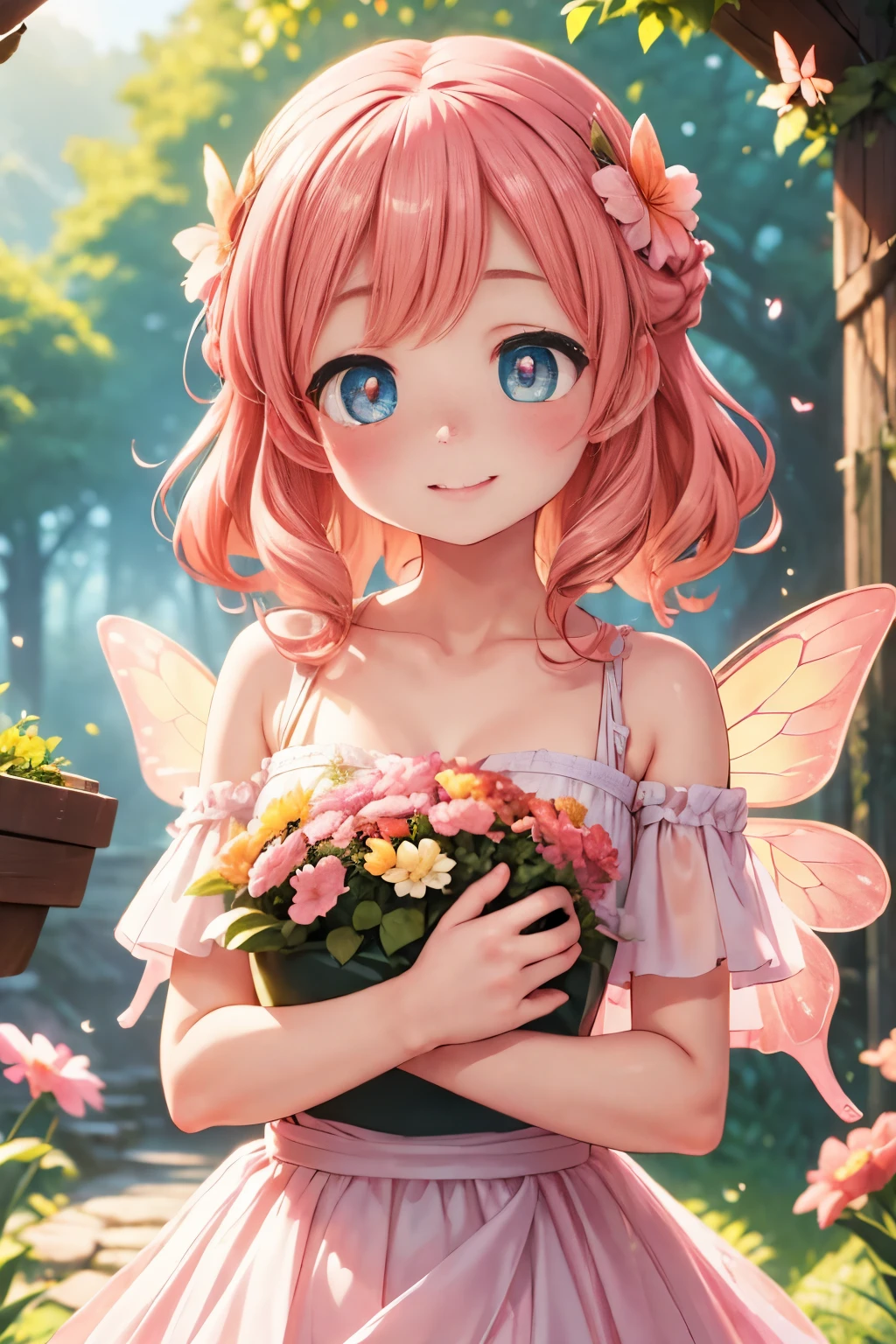 (a cute girl face),big eyes,warm smile,pink cheeks,golden curly hair,playful expression,innocent eyes,freckles,rosy lips,glowing skin,happy,cheerful,fairy-like,playful pose,natural sunlight,soft lighting,vivid colors,sharp focus,ultra-detailed,happy emotions,joyful atmosphere,classical portrait style,beautiful background,nature elements,flower garden,cute butterflies,enchanted forest,summer vibes,bokeh effect,professional painting,HDR,UHD,highres masterpiece:1.2