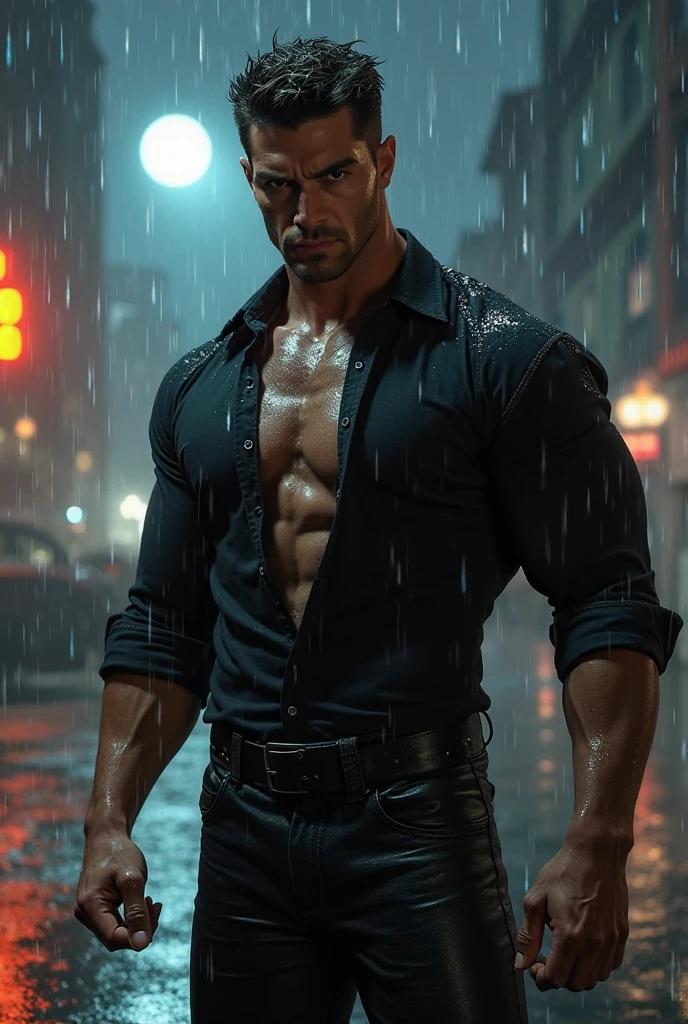 acting(((martial arts superstar)),black pants, realist:1.3,( fotorrealist, 8K, original photo, high quality, masterpiece, epic lights. close up, center image), (prospect),((1 Handsome guy with confident and well-proportioned muscles, post apocalyptic, Guerrero, Rostro y cuerpo perfectamente detallados, (prospect), rain scene, Poor lighting due to rain,(( My face and body were soaked by the rain:1.5)),lightning lighting, dynamic poses, beautiful fine hair, Leather jacket)), ((imaginative scenes)),((perfect, meticulously.:1.3)), ((panoramic: 1.4)), ((best quality )), ((masterpiece)), 3d, (Super detailed: 1.3), ((epic scenery: 1.3)), ((night background: 1.3 ))), (((night:1.2))), ( lifelike: 1.4), ((Front camera)),( (Low-light night cinematic lighting: 1.2)). 32