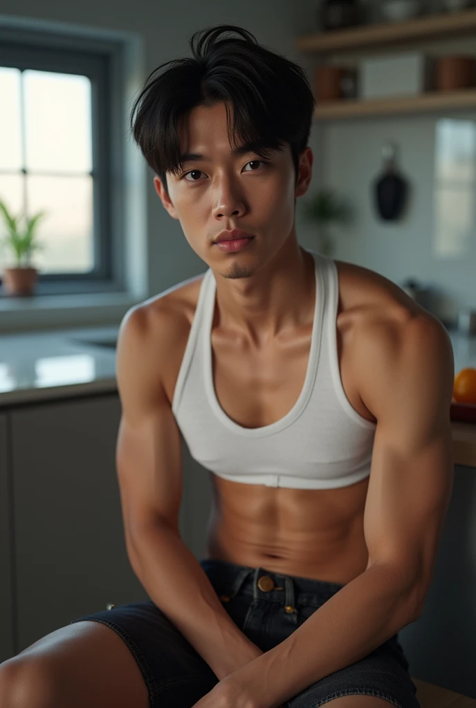 A 20-year-old handsome Korean man with a slim-fit body, black undercut hair, sitting shirtless in a rustic-style living room.