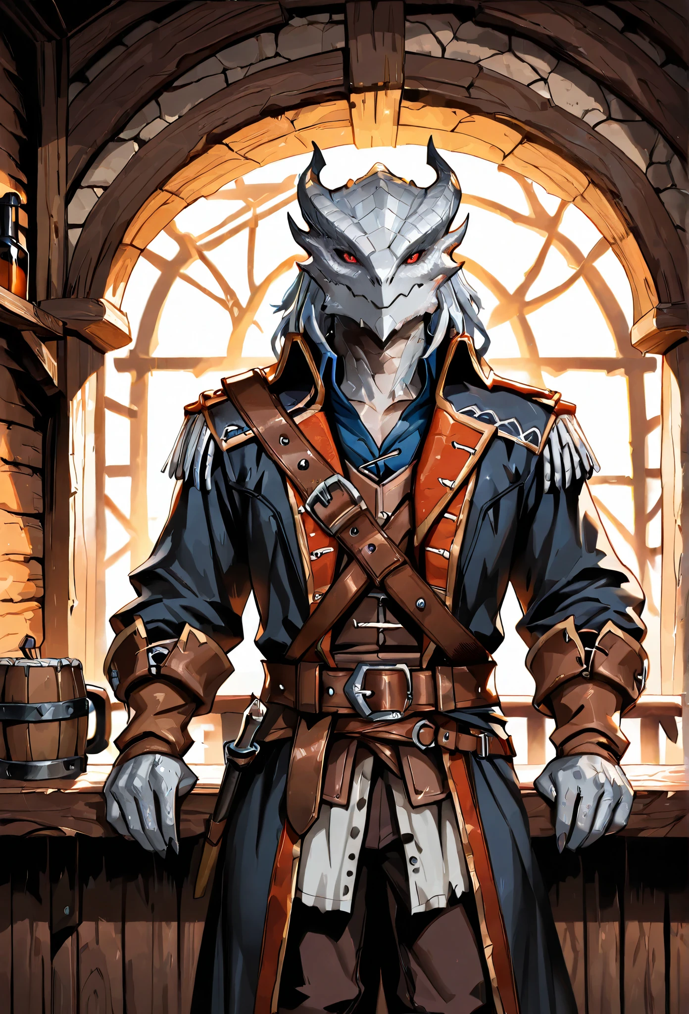 (masterpiece, best quality, 2k), solo, 1guy, (dragonborn, scaly skin), silver scales, bald head, red eyes, dark blue breeches, leather belt, cutlass attached to belt, standing behind counter in a tavern bar, (jovial, welcoming), (pirate era clothing), fantasy art, dungeons and dragons, closeup
