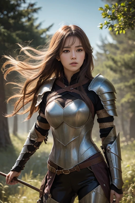 ((masterpiece)), ((best quality)), (ultra-detailed), ((kawaii)), cute, (lovely), ((extremely detailed)), 4K, (8K), best quality, (beautiful), photorealistic, brave, (upper body), a pretty woman, 1woman, solo, warrior, medieval armor, standing on a battlefield, a sword in hand, a shield by her side, smile, dramatic sunset in the background,