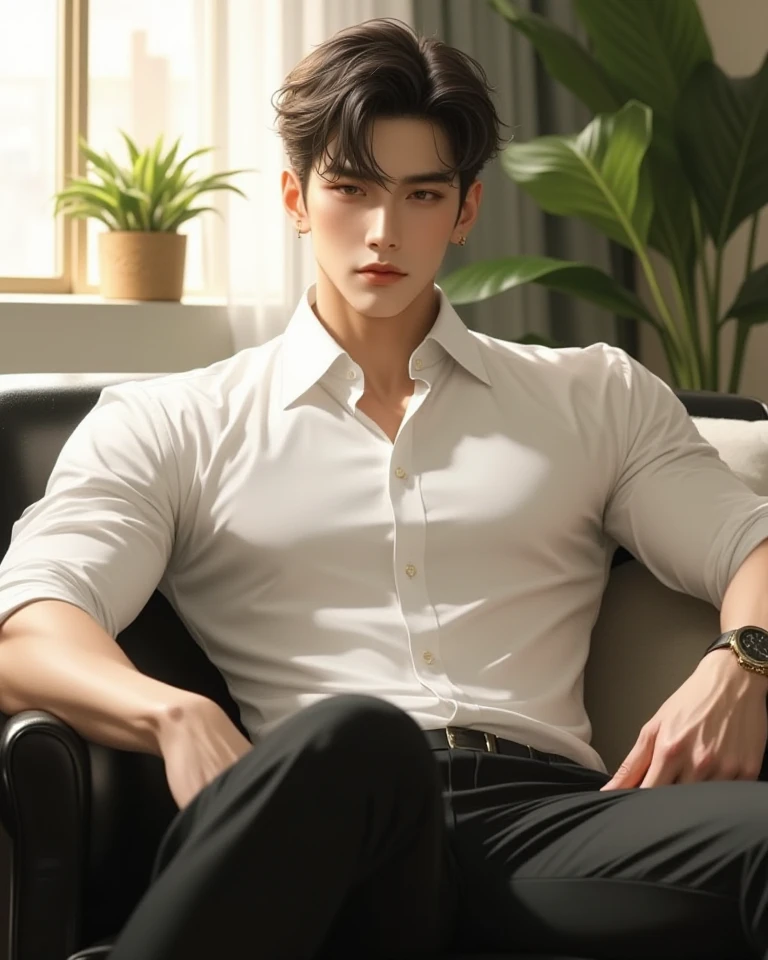 1boy,white shirt,pants,leonardo watch,the best beautiful man,