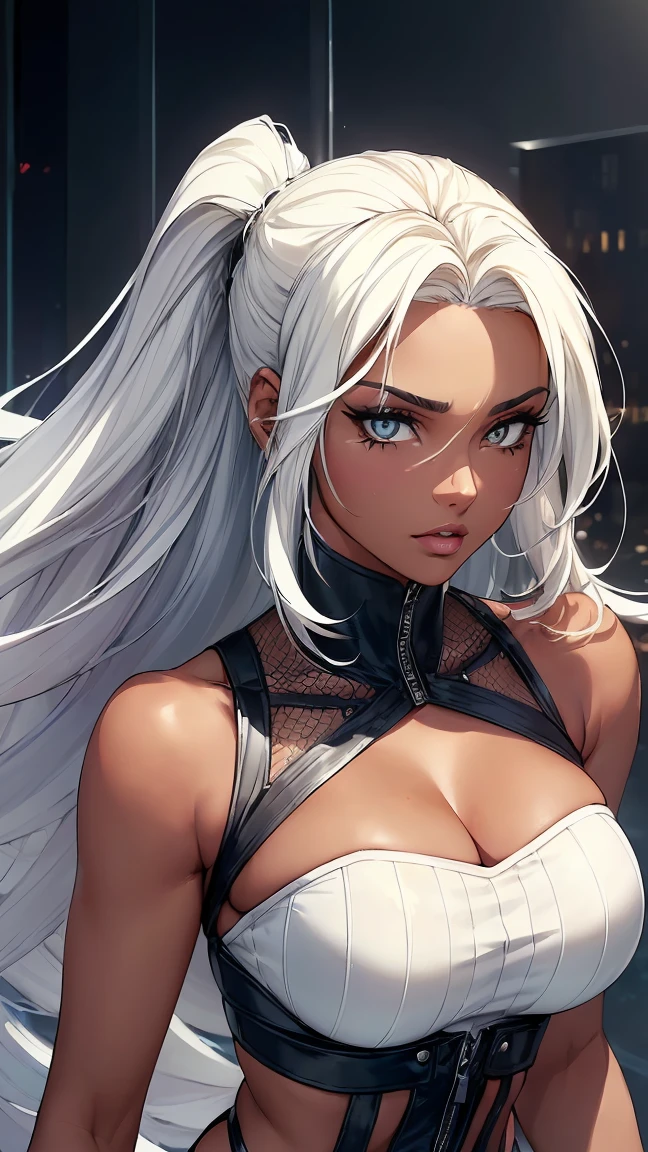 A dark-skinned woman with silver hair in a ponytail, Wearing a black dress shirt and slim jeans, Preparing an eel Showing your belly button