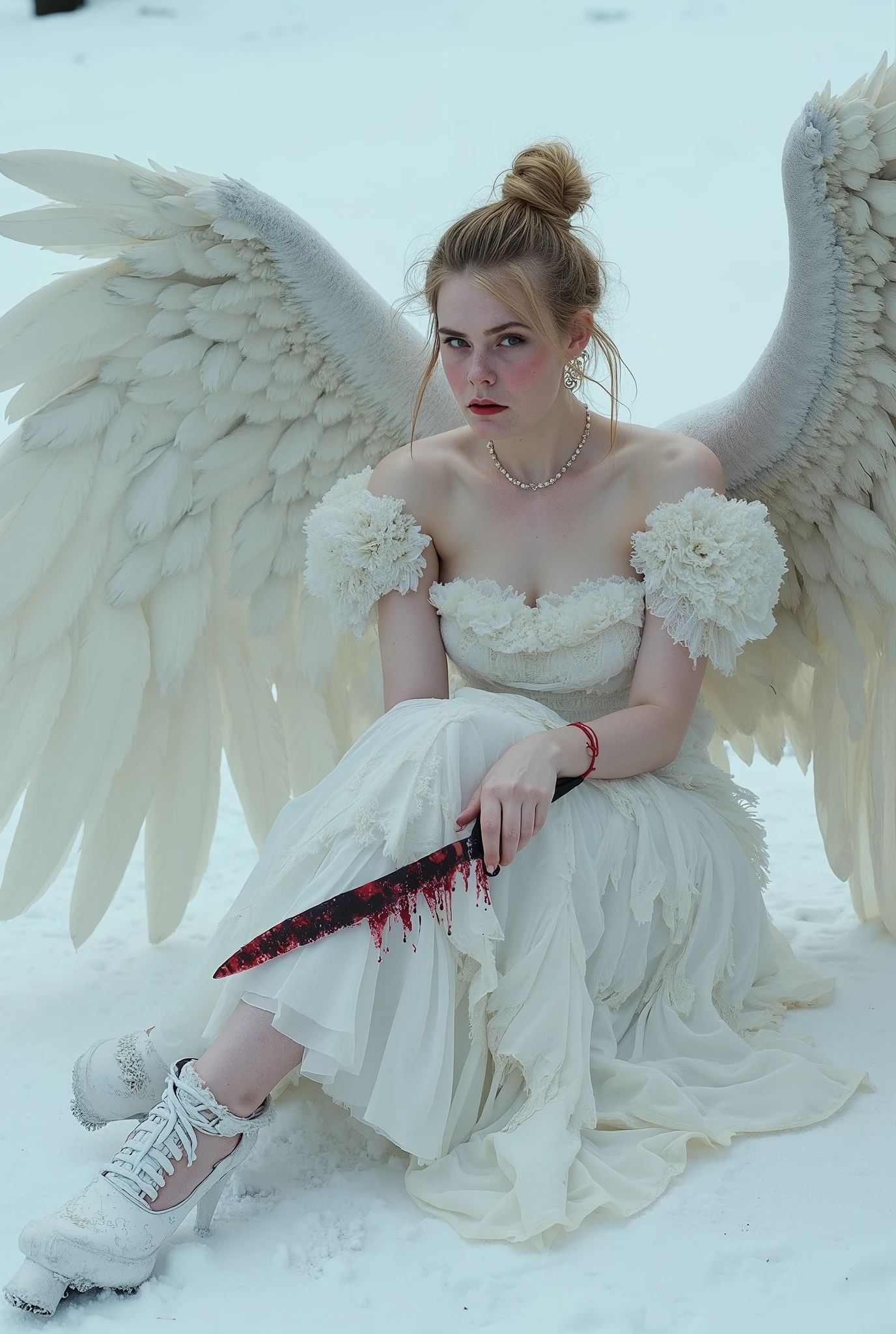 Female angel with Messy Bun hair,wear A shabby whie dress in layers, with huge feathers on wings, wings to each other, sitting on snowy ground,hold a knife covered a Crimson liquid, can't take off. Photorealistic image, pixabay contest winner, surrealism, big black wings, with hurt expression, pinterest photo, photo of beautiful, art photography, angle of wings whole, beautiful