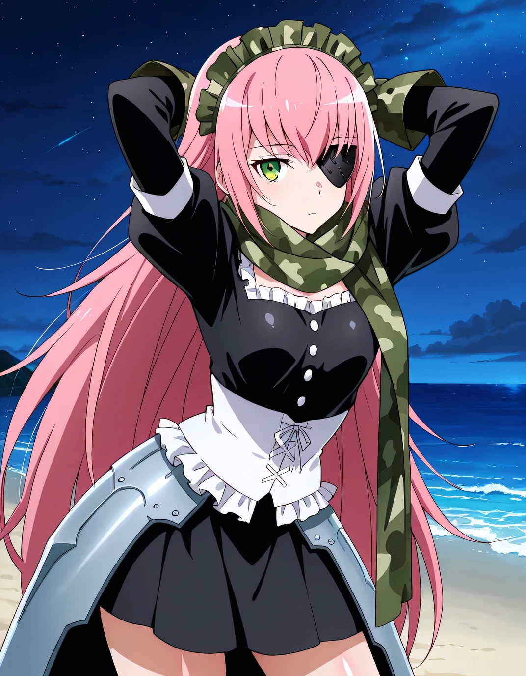 czdlt, pink hair, green eyes, eyepatch
maid headdress, frills, camouflage, black dress, armored dress, juliet sleeves, green gloves, white corset, faulds, green scarf, anime screencap, shiny skin, high quality, solo, night sky, beach, hands behind head, (contrapposto), closed mouth, cowboy shot, looking at viewer, expressionless, best quality