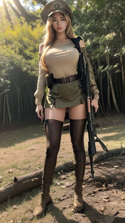 best quality, masterpiece, Ultra-high resolution, (Reality:1.4), RAW photos, 1 Girl, Female Soldier,Off-shoulder,Camouflage,Long legs,High heel,Standing in the base's locker room