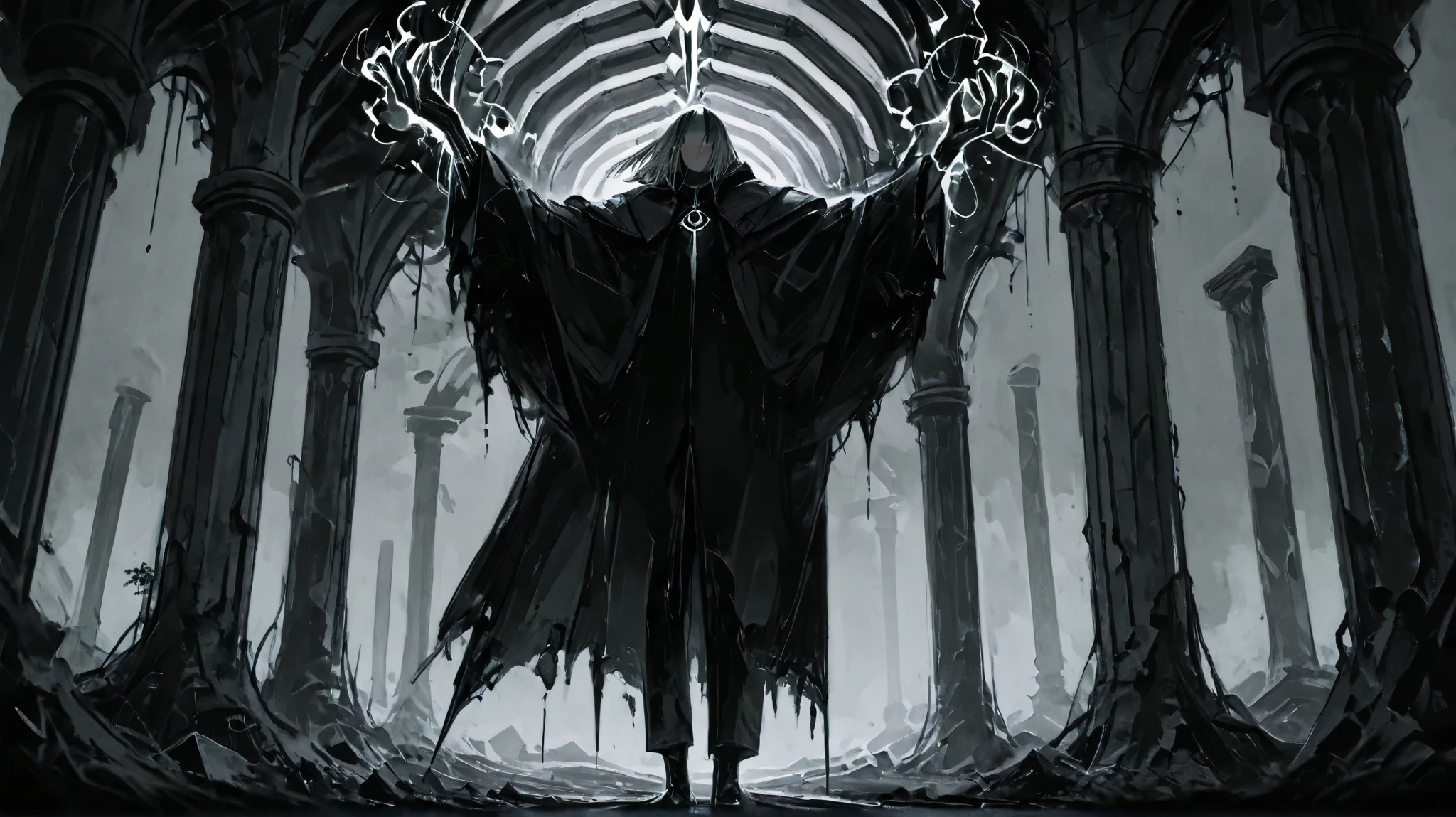 A tall, eerie figure stands in the distance amidst a landscape of crumbling ruins, shrouded in an atmosphere of darkness and dread. His elongated limbs stretch unnaturally, with arms and legs extending far beyond normal proportions. Glowing runic symbols are etched into both of his pale, colorless hands, emitting a bright, ominous gray light that flickers against the surrounding shadows.
He is clad in a Victorian-era detective suit, meticulously tailored in shades of silver and gray. Despite its metallic color, the suit is unmistakably made of leather, its texture visible in the dim light, creaking subtly with his every movement. His face is utterly featureless—devoid of eyes, nose, or mouth—his skin an unnaturally pale hue, as if he lacks any true form of life.
The entire scene is drenched in a chilling atmosphere, where thick fog swirls around shattered stone pillars and broken structures. The heavy darkness is only interrupted by the strange glow of the runes, casting shifting shadows that seem almost alive. The presence of the faceless figure looms ominously, an embodiment of mystery and terror, as if he is not just standing there but watching—despite having no eyes to see