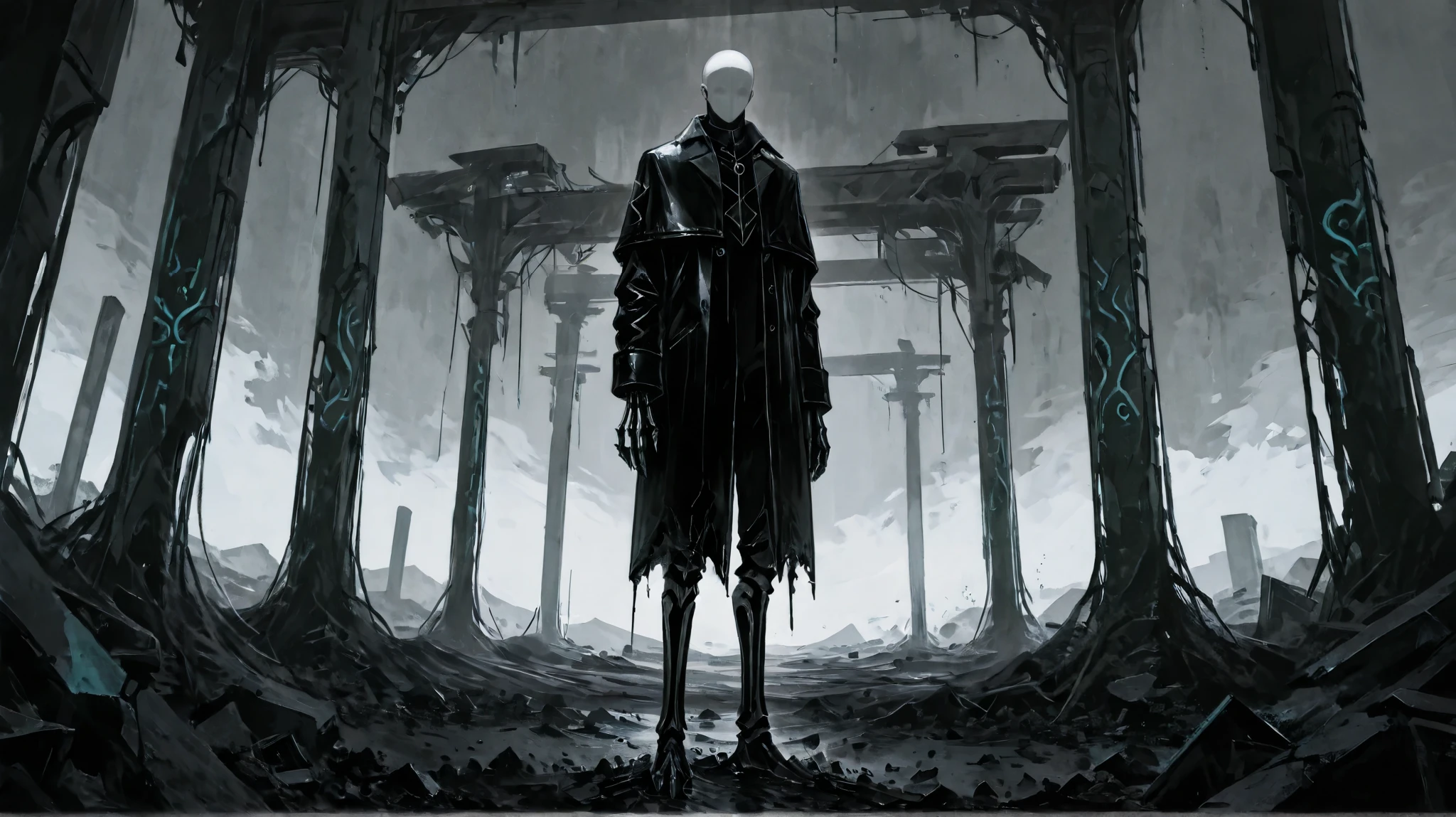 A tall, eerie figure stands far in the distance amidst a desolate landscape of crumbling ruins, shrouded in an atmosphere of darkness and dread. The remnants of shattered walls and broken stone pillars surround him, remnants of a place long destroyed. Jagged debris litters the ground, and thick fog weaves through the skeletal remains of what was once a thriving structure, now nothing more than decayed ruins.
His elongated limbs stretch unnaturally, with arms and legs extending far beyond normal proportions. Glowing runic symbols are etched into both of his pale, colorless hands, emitting a bright, ominous gray light that flickers against the surrounding darkness.
He is clad in a Victorian-era detective suit, meticulously tailored in shades of silver and gray. Despite its metallic color, the suit is unmistakably made of leather, its texture visible in the dim light, creaking subtly with his every movement. His head is entirely bald—completely smooth, without a single strand of hair. His face is disturbingly blank, devoid of any features. No eyes, no nose, no mouth—not even faint indentations where they should be. It is as if his face was never meant to exist, a smooth, pale void where expression and identity should be.
The heavy darkness is only interrupted by the strange glow of the runes, casting shifting shadows that seem almost alive. The presence of the faceless figure looms ominously, standing motionless among the ruins, a silent enigma wrapped in an aura of dread. Though he has no eyes, it feels as if he is watching—an unseen, unknowable force observing from beyond comprehension