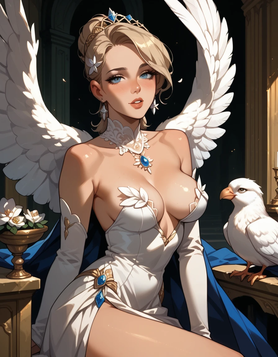 best quality, ((masterpiece)), Dove Woman, Big feathered wings, white Dove, ((perky breasts)), sexy, provocative, seductive, 