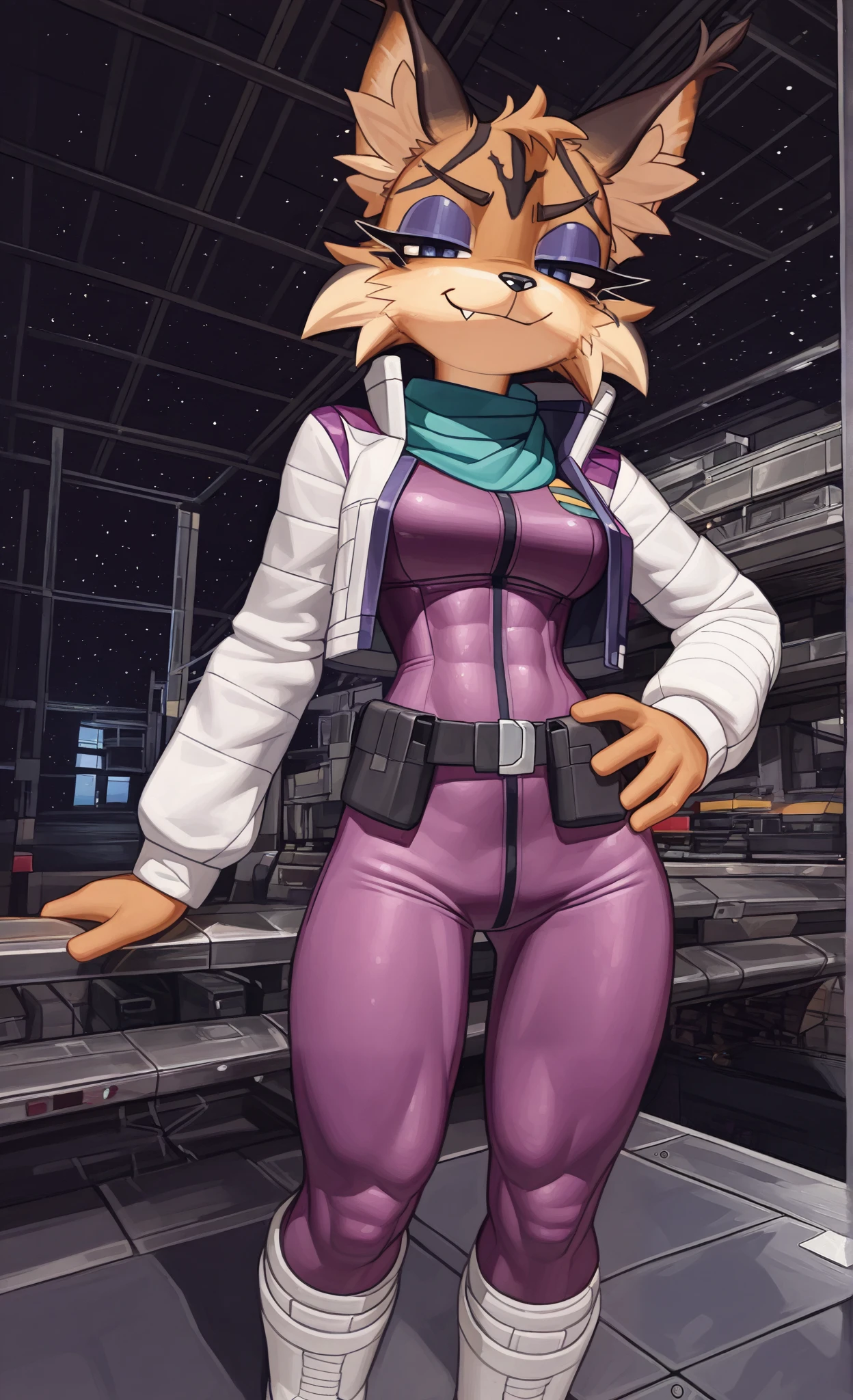 ((Miyu Lynx)), ((Starfox)), ((pixelsketcher style)), ((wamudraws style)), ((masterpiece)), ((high resolution)), ((solo portrait)) {(attractive figure), (toned body), (slim waist), (beautiful legs), (brown fur), (black nose), (long pointed lynx ears), (dark blue eyes), (half lidded eyes), (indigo eyeshadow), (long eyelashes), (sharp fang), (smug grin), (relaxed expression)}, {(purple jumpsuit), (white jacket), (white combat boots), (turquoise scarf), (utility belt)}, {(standing), (hand on hip), (looking at viewer)}, ((hangar)), ((space))