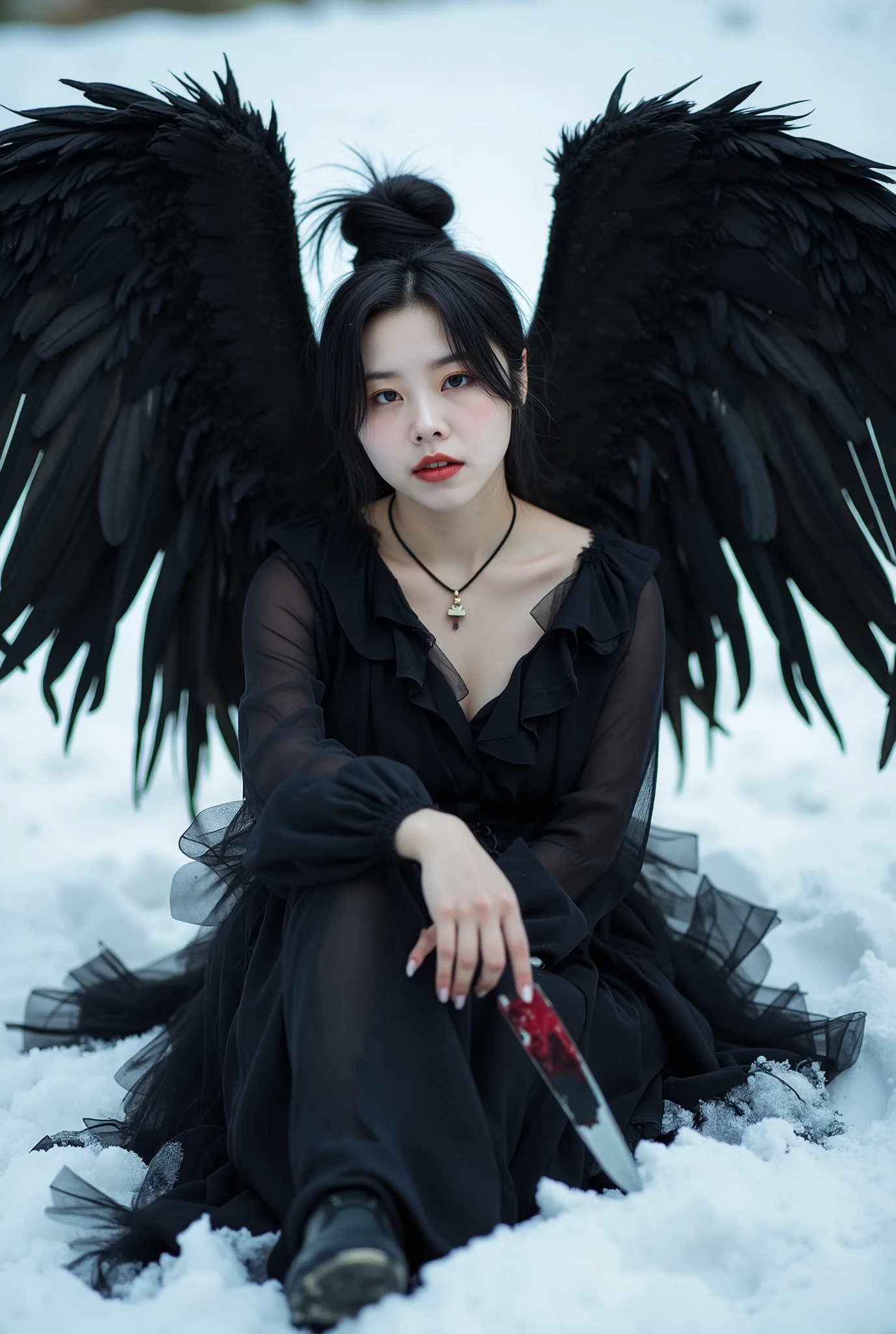 Korean gothic Female angel with Messy Bun hair,wear A shabby black dress in layers, with huge feathers on wings, wings to each other, sitting on snowy ground,hold a knife covered a Crimson liquid, can't take off. Photorealistic image, pixabay contest winner, surrealism, big black wings, with hurt expression, pinterest photo, photo of beautiful, art photography, angle of wings whole, beautiful
