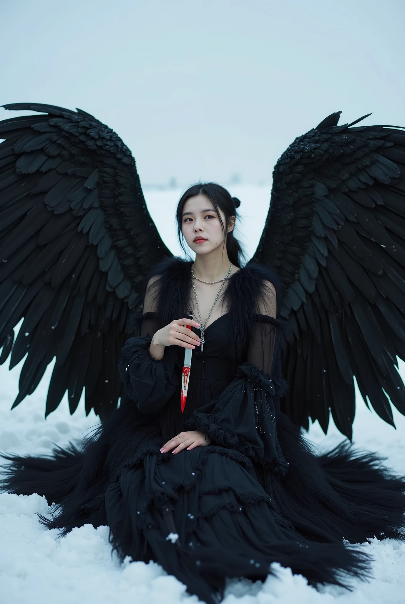 Korean gothic Female angel with Messy Bun hair,wear A shabby black dress in layers, with huge feathers on wings, wings to each other, sitting on snowy ground,hold a knife covered a Crimson liquid, can't take off. Photorealistic image, pixabay contest winner, surrealism, big black wings, with hurt expression, pinterest photo, photo of beautiful, art photography, angle of wings whole, beautiful