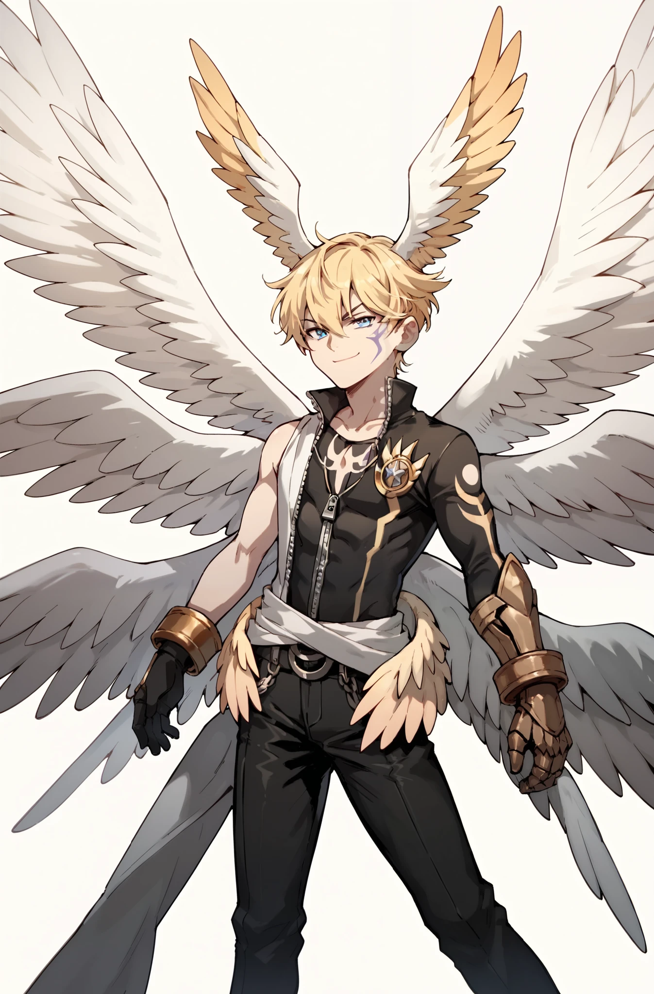 (((Highest Quality))), (Simple background), 1boy, dlucemon, blonde short hair, head wings, multiple wings, magical boy, black and white suit, pants, zippers, boots, gauntlets, bracelets, smug, evil smile