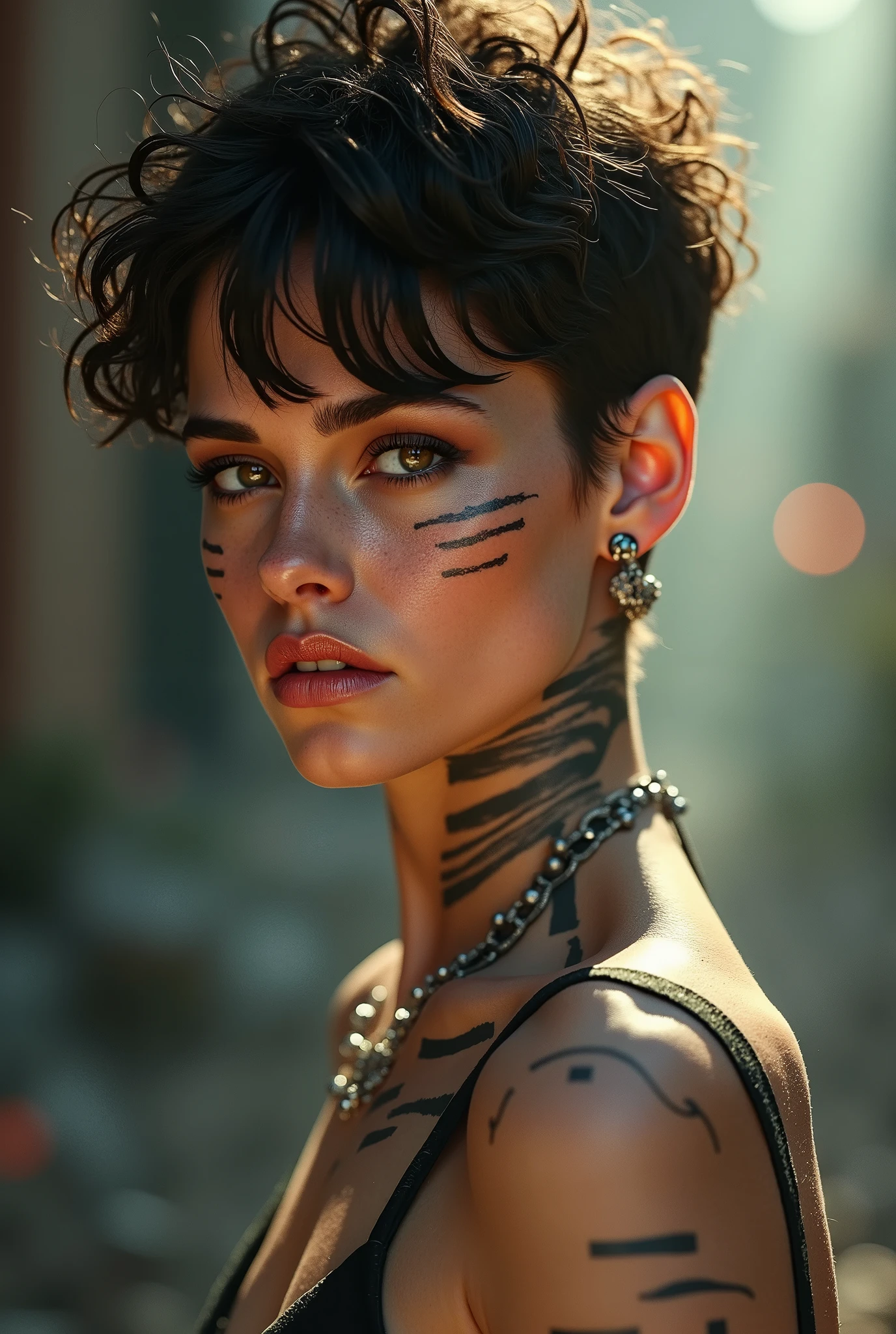 (Kristen Stewart:1.2) , (short curls hair like boy), atmospheric lights, god rays, perfect female face, ultradetailed, with black stripes, detailed skin, ultra realistic, bokeh, sharp features, best quality, ultra high res, detailed face, realistic face, full body, raw photo, shallow depth of field, hdr, 8k, cinematic, ultradetaled eyes, ultra realism, hyper realism soft light,