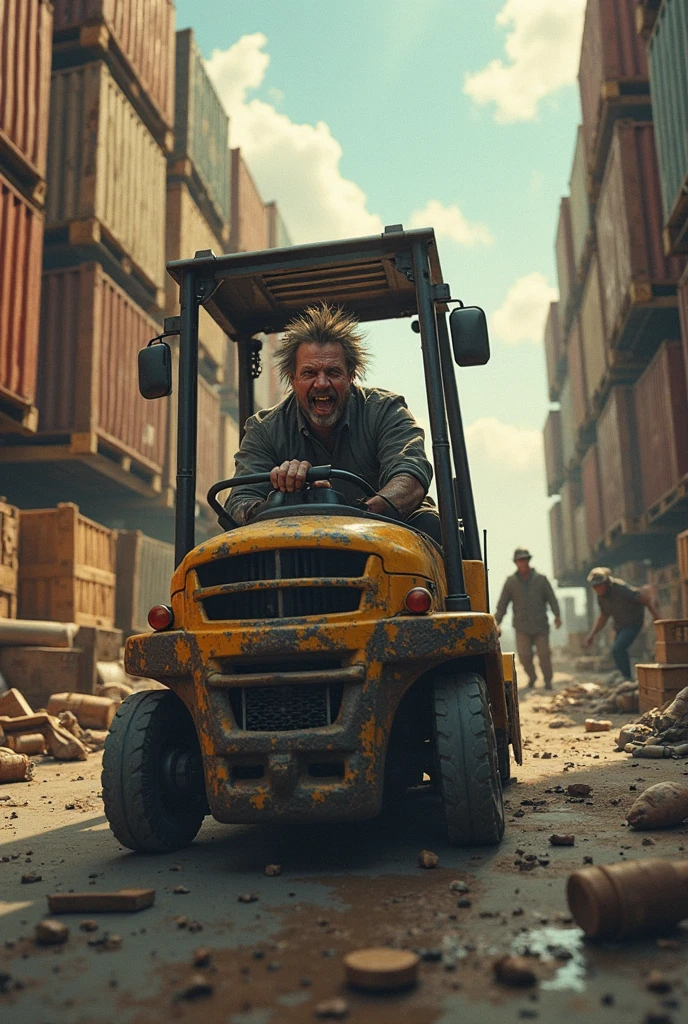 Generates Dominic Toreto from Fast and Furious in a forklift doing a forklift race