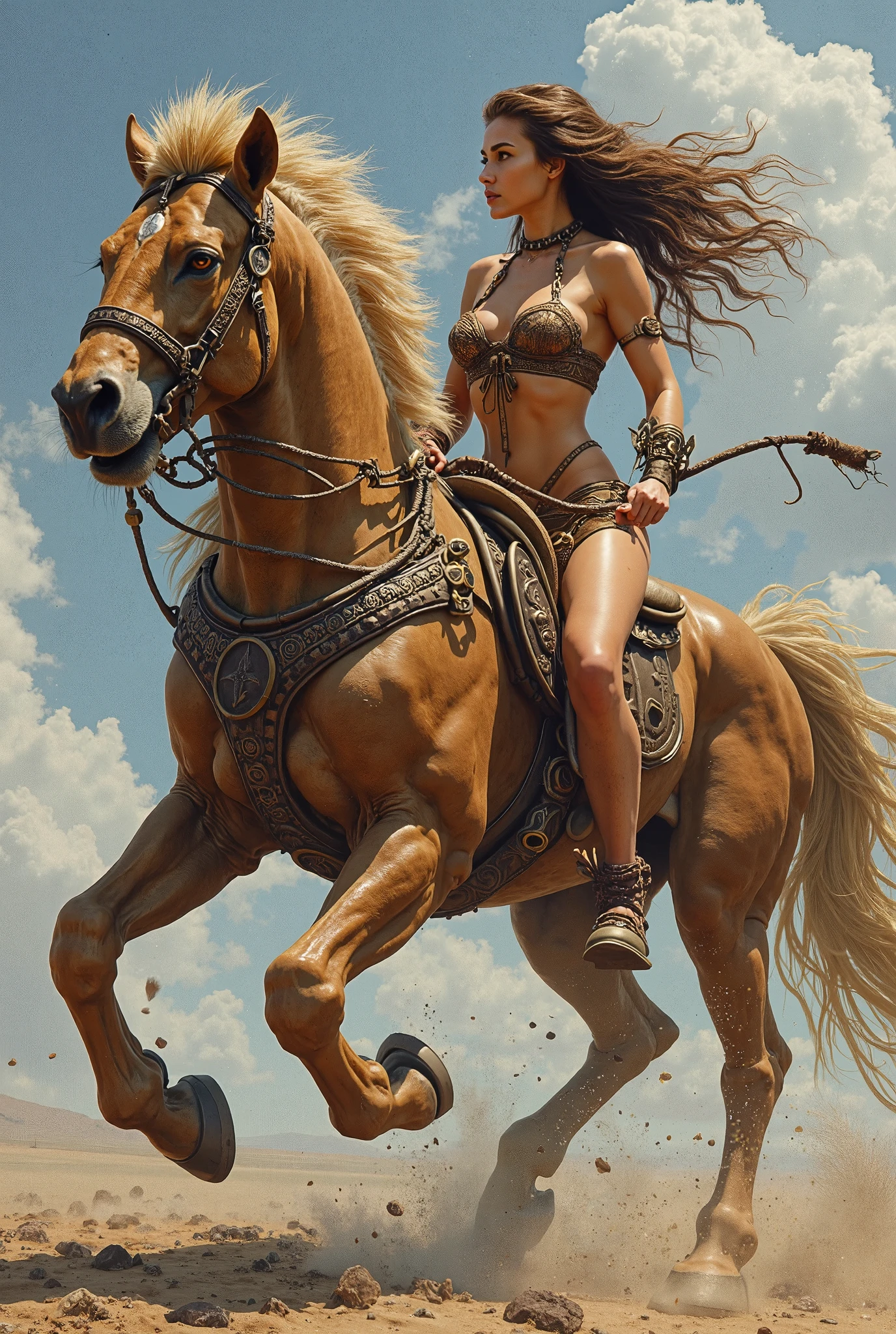 Amazon woman of Themyscira, une île paradisiaque , femme guerrière de la mythologie grecque, warrior, filigree silver armor, beautiful gorgeous, sexually aroused, provocative pose, ((riding a horse)), lust expression, erotic gaze,extravagant, (( tribal tattoos)), bodybuilder abs, emerald choker necklace, high-heeled boots, enchanted bracelet, (((show pussy))), (((visible vagina))), (((shaved pubis))), magic belt, (big tits:1), (huge breasts:1), ((carries a spear)), ((hard nipples))