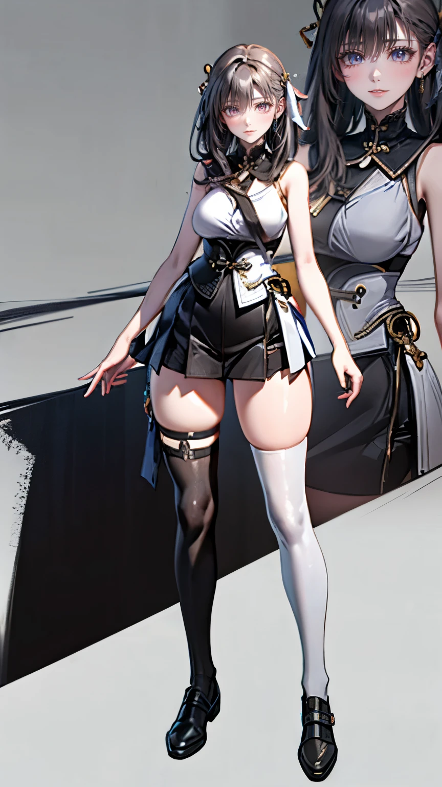 White hair , short hair, pinched eyes, (big-:1.5) , Thin legs, thin body, leather collar, Maid outfit victorian, dynamic pose, full body, View from below, wide hips, Kneeling