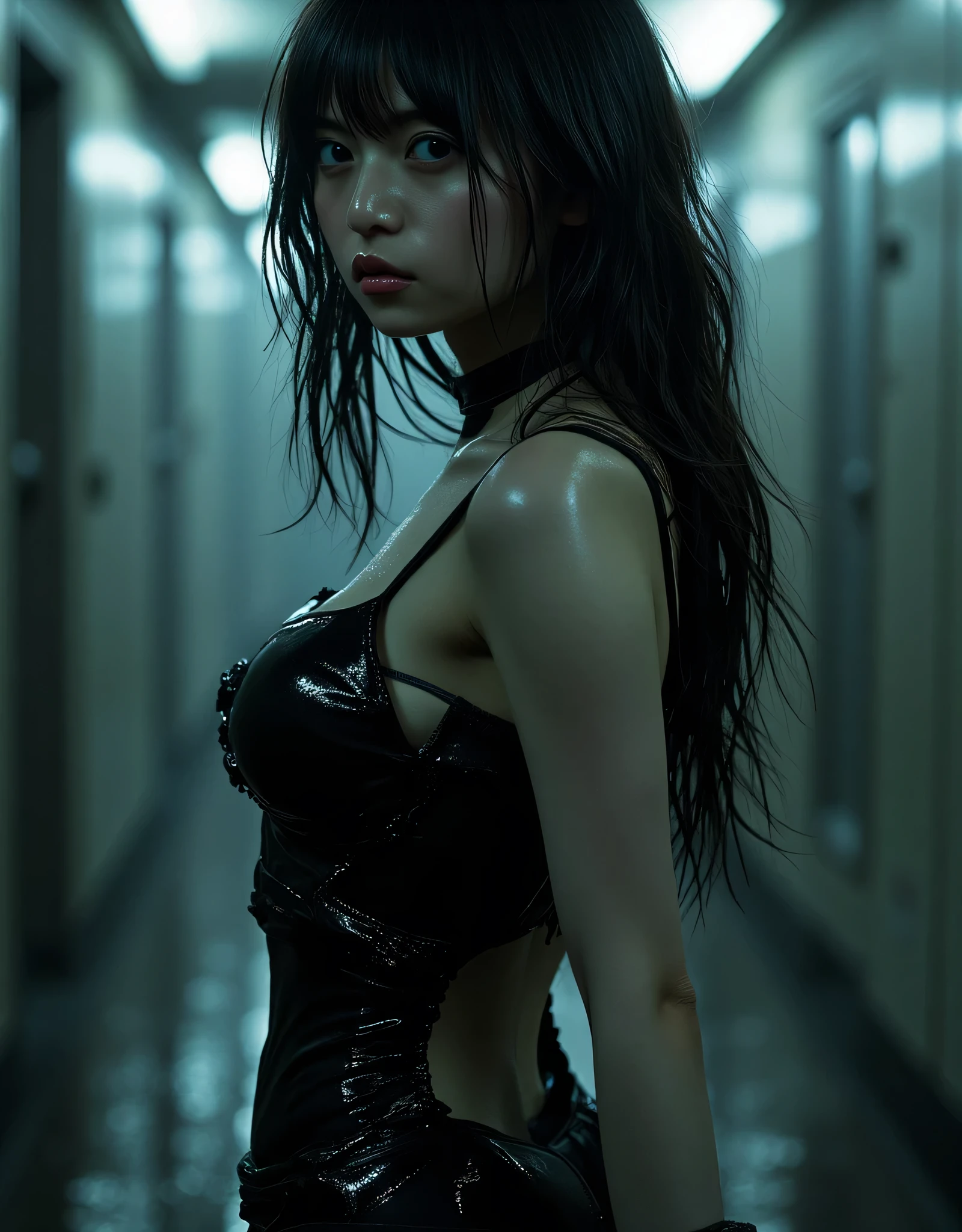 (((The dark interior of the Nostromo ship :2.0))),((( HR Gigger Style Cyberpunk Atmosphere :2.0))),(((Pinch your butt with a Japanese sword:2.0))),side view from the back,Side pose,(( Look Back and Look at the Camera:2.0)),(( looking back over my shoulder :2.0)),Rear View,((full body:2.0)), one woman,( cute face),(Beautiful well-balanced face ),(( natural big breasted :2.0)),( black hair:1.5),(beautiful eyes:1.3),glamorous shot of a 20-year-old Japanese woman, Slender Beautiful Body ,((Model body type:2.0)),(( slim body with hot water:1.7)),perfect body line,ideal proportions,(big breasts:2.0),Bare thighs,sensual thighs seen from below the crowd,delicate body,( Muscular:1.5),A harmonious posture,((Beautiful ass:2.0)),((cute ass:2.0)), ((((Bare ass :2.0)))),((( T-back :2.0))),(Realistic breast depiction :1.5),carefully depicts limbs based on perfect anatomy,((futuristic samurai style black super high leg leotard:2.0,((super high-leg leotard made of camy-style latex that fits the body:1.5)),((military coat style black kimono with the front open over a leotard:2.5)),(ear monitor:1.5),((Tactical Holster:1.5)),(gloves:1.3),concept art,(Highest quality:1.5),(masterpiece:1.5),(超高resolution),resolution,UHD,( delicate depiction), carefully drawn with butterfly wings ,32K,((realistic skin texture:1.5)),((( super realistic :1.5))), eyelashes,highly detailed face,Highly detailed female hand,Very sensual,(Blurry Dim Backgrounds :1.5),professional photo shoot,( Movie Lighting:2.0),(( Blade Runner Style Lights :2.0))