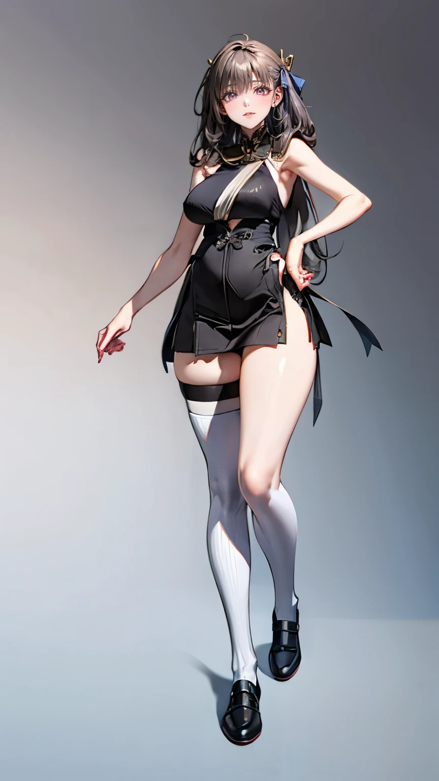 a woman in lingerie holding her leg on the floor in a cartoon, 1girl, solo, animal ears, playboy bunny, pantyhose, rabbit ears, breasts, fishnets, wrist cuffs, detached collar, high heels, fishnet pantyhose, leotard, fake animal ears, cleavage, black hair, looking at viewer, bare shoulders, arm support, black leotard, strapless, strapless leotard, black footwear, brown eyes,((Kobeni higashiyama))