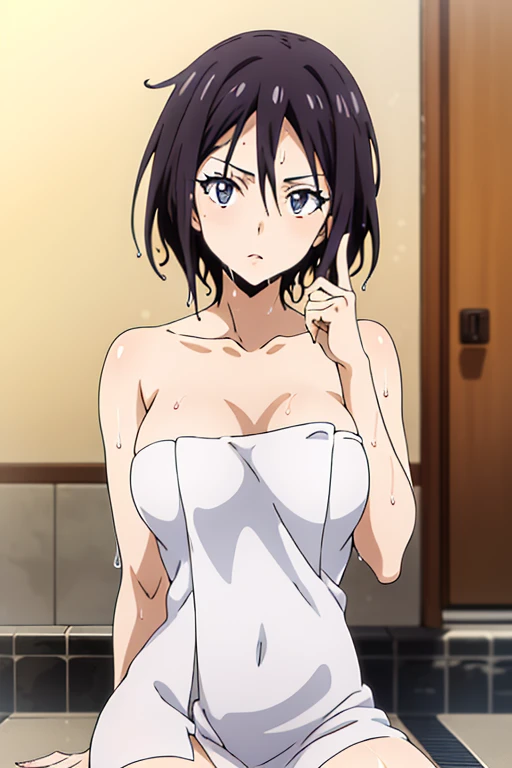 huge breasts, narrow waist, , short hair, black hair, brown eyes, jewelry, neckalce, nightgown, (seductive pose:1.3), dusk, sweating, heavy breathing, fog, (dramatic light:1.4), upper body,