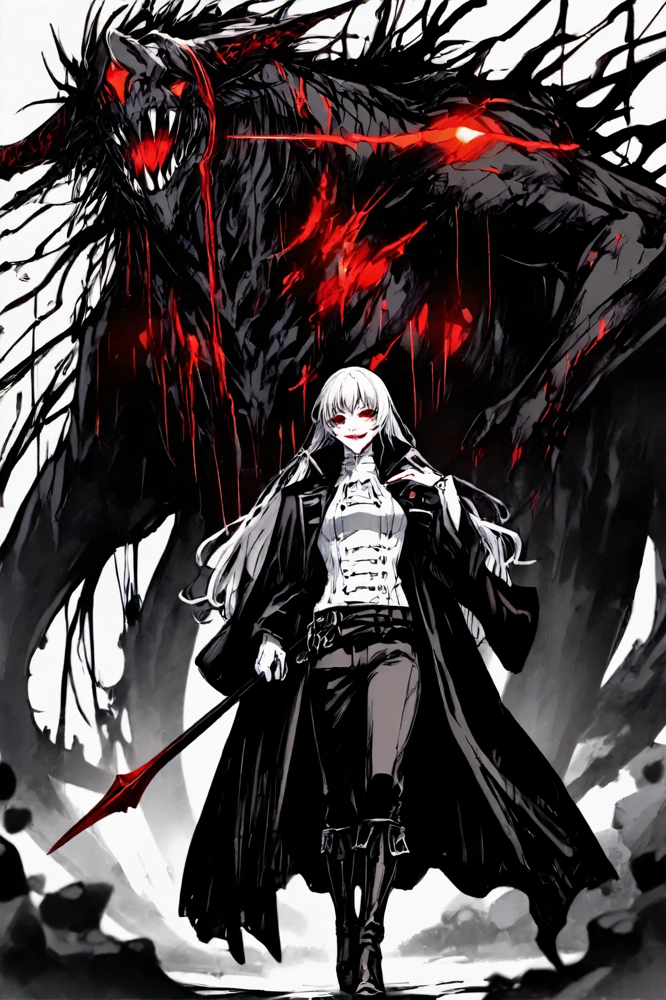 Female
Altura: 1.98 m
Body: Thin but toned , with marked muscles and an imposing posture.
fur: pale, almost marbled , with reddish cracks that run through his body like dry veins.
eyes: completely black with a red glow in the center. When he uses his power , turn into pits of absolute darkness.
hair: long and messy, charcoal black , with some crimson highlights that seem to be dyed in blood.
rostro: Sharp and aristocratic features, with a cruel smile and lips always curled in a mocking gesture.
Teeth: long, sharp fangs, more similar to those of a beast than to those of an ordinary vampire.
Clothing:
A long black coat with red details, similar to the attire of the nobles of the time Victoriana.
Ripped white shirt stained with dried blood.
dark pants and leather boots, with spurs that resonate with every step.
Black roses embedded in his coat and shoulders, who sometimes bloom and wither according to their mood.