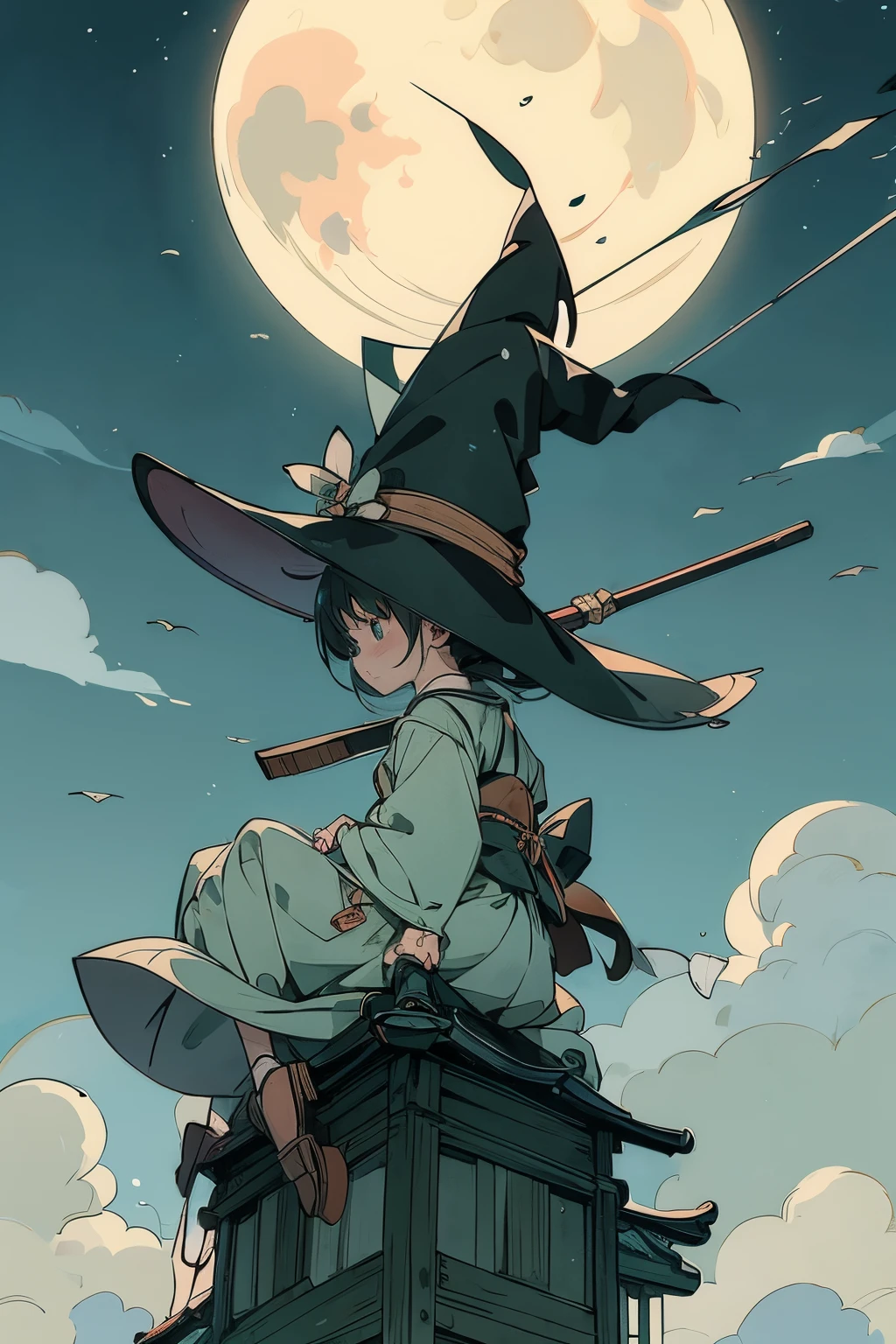 Translucent Illustration 、 Japanese anime style illustration 、 Small Shadows Seen in the Distance 、 Shadow of a Little Witch Straddling a Broom Can Be Seen in the Distance 、green、 Dynamic Angle 、 is amazing、 Highest precision、 top quality 、 fantasy、Effective Production 、 Full Moon Seen in the Distance 、 Seaside Town Sky at Night 、 Horizontal Line、movie、 artistic、delicate、sentimental、 highlights 、 Contrast