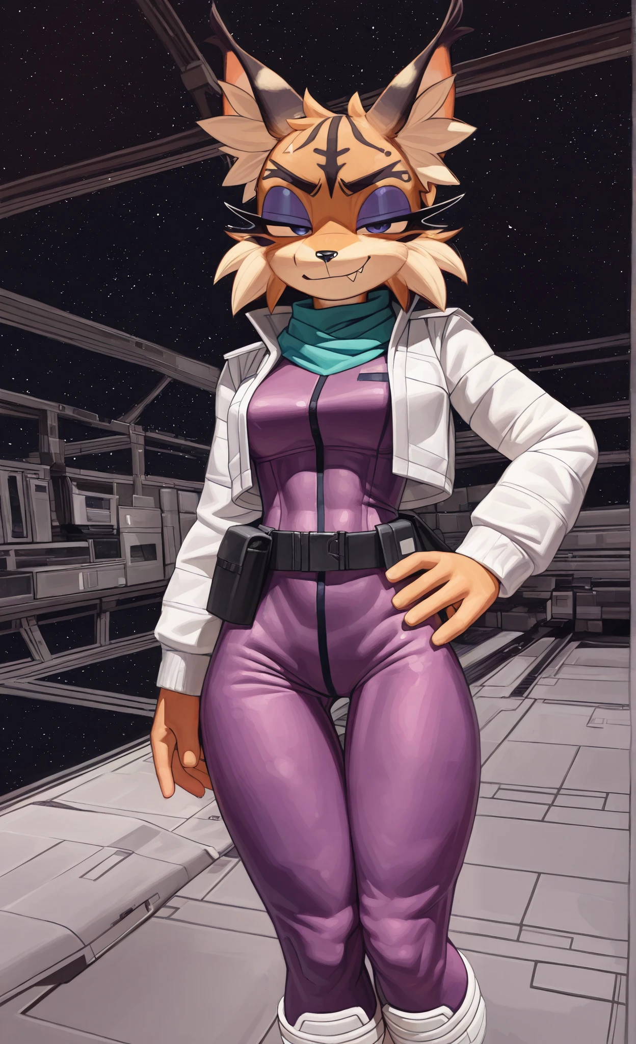 ((Miyu Lynx)), ((Starfox)), ((pixelsketcher style)), ((wamudraws style)), ((masterpiece)), ((high resolution)), ((solo portrait)) {(attractive figure), (toned body), (slim waist), (beautiful legs), (brown fur), (black nose), (long pointed lynx ears), (dark blue eyes), (half lidded eyes), (indigo eyeshadow), (long eyelashes), (sharp fang), (smug grin), (relaxed expression)}, {(purple jumpsuit), (white jacket), (white combat boots), (turquoise scarf), (utility belt)}, {(standing), (hand on hip), (looking at viewer)}, ((hangar)), ((space))