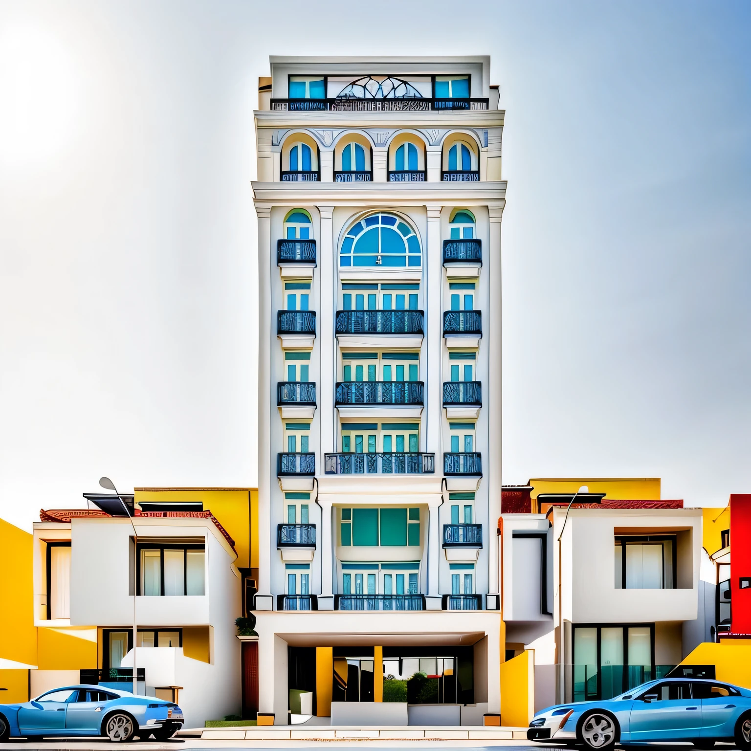 (1neoclassic house, The town house is made from white walls and some walls are painted bright blue)), beautyful light, beautyfulday, sunny, Many red bougainvilleas along the road:1.3, lovely youthful feeling :1.2, sunlight at 12 noon, Very beautiful shadows