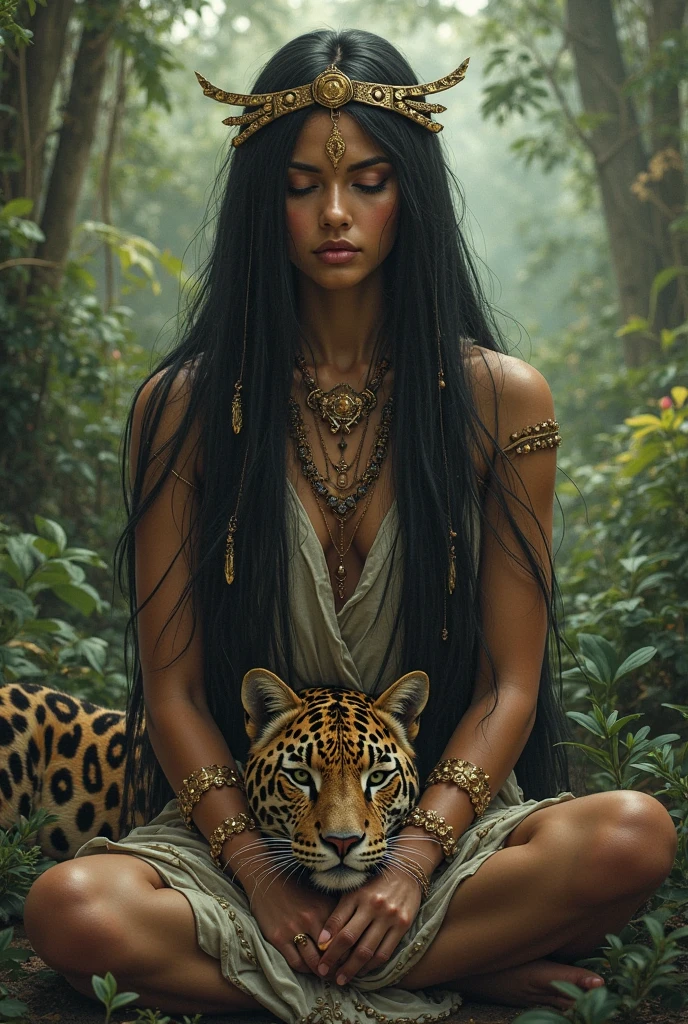 Tantric priestess woman in shorts with tattoos and percings meditating on the banks of a river next to a wolf Photo Realistic --auto