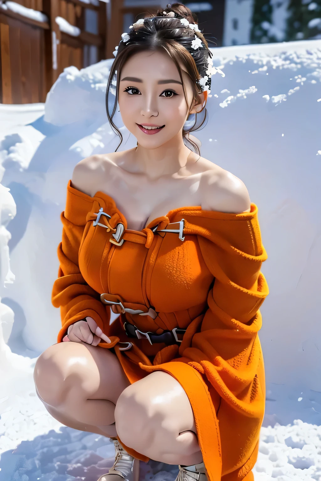 ,(3D Realistic Photography:1.3),(Make the subject look three-dimensional with the contrast of light and shadow),(((With the sunset in the background))),(((Winter snowy mountain climbing scenery:1.3))),cute and beautiful adult woman,Cute round face,Cute smile,with blush cheeks,Red Lip,(((Orange Open Short Duffle Coat:1.3))),(((Off-white off-shoulder sweater dress:1.3))),Knitted hats,long boots,gloves,(silver white hair,Floral braided headband,half up、Floral Braided Space Van,Voluminous Fishtail Braids,Twisted chignon,),(Bangs are see-through bangs),hair pin,hair adornments,(((Emphasize large breasts:1.3))),breast slip,detailed clothes features,Detailed hair features,detailed facial features,(Dynamic angles),(Dynamic and sexy poses),profetional lighting,Cinematic Light,(masutepiece,top-quality,Ultra-high resolution output image,) ,(The 8k quality,depth of fields,Anatomically accurate facial structure,),(Sea Art 2 Mode:1.3),(Image Mode Ultra HD,)