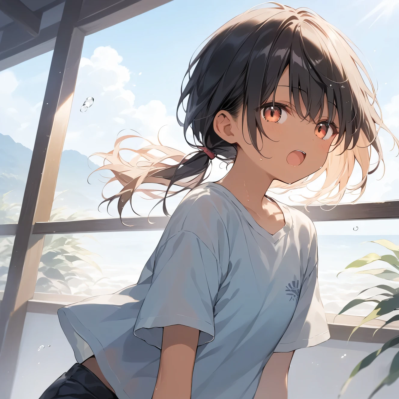 score_9, score_8_up, score_7_up, source_anime, best quality, masterpiece, official art, absurdres, highres, ultra-detailed,waifu2x, break,1girl, little tomboy, dark-skinned female, short hair, low ponytail, short ponytail, beautiful detailed eyes, flat chest, sleepily, sweat, open mouth, (yawn:0.3), shorts, outdoors, wind, break,(clear line illustration:1.2), super detailed skin,shiny skin,very high resolution, very aesthetic, Best sexual lighting powered by famous artist, 8k, 16k, cute picture,beauty illustration,photoshop_(medium),,best anime 8k konachan wallpaper, pixiv contest winner
