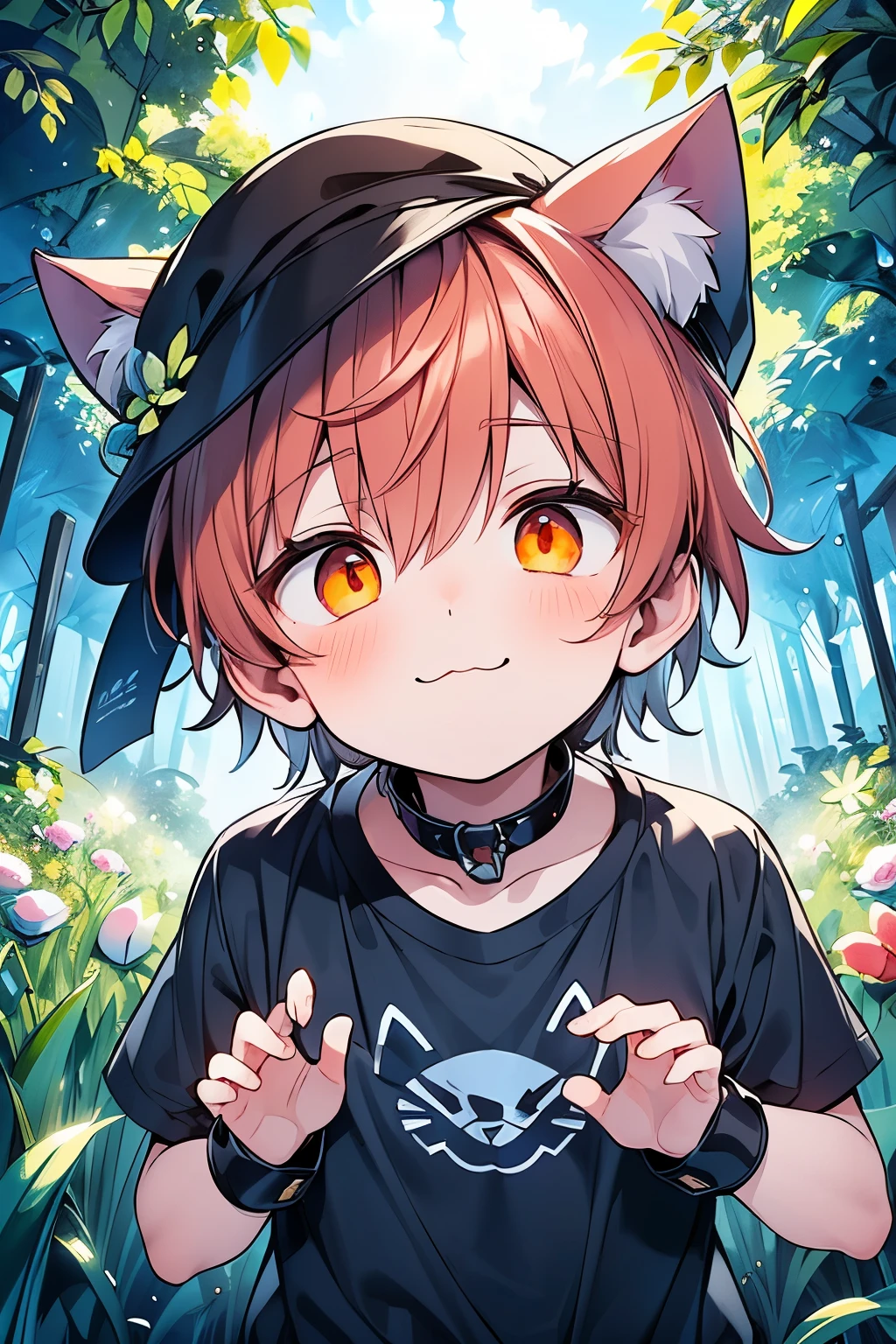 ((1-boy :1.3)),((handsome:1.2)),((adult male:1.15)),((Alone:1.1)),short hair,Red hair,((orange eyes:1.25)),skinny body,((Peeking out from the soil:1.25)),((eerily glowing eyes:1.3)),((:3:1.25)),((A filled with pleasure:1.1)),((ecstatic expression:1.1)),,((Evil smile:1.35)),((glassy eyes:1.15)),((cat ears hat:1.2)),((pet collar :1.1)),((wrist cuffs:1.05)),(looking up:1.25),((dark skin body:1.0)),((meadow with flowers:1.15)),close up mouth,(Looks embarrassed:1.25),((signs of spring:1.1))