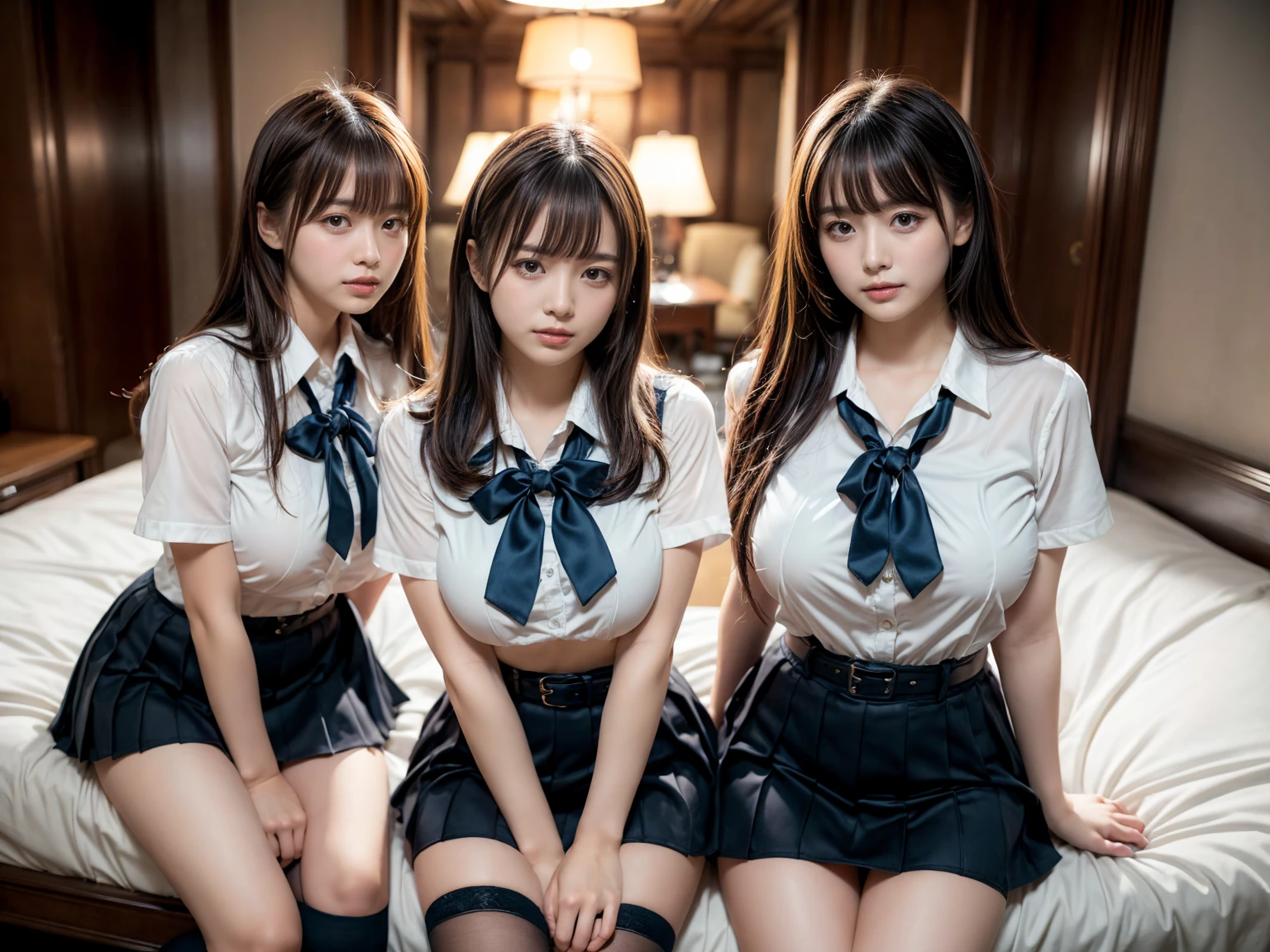 (RAW photo, 4k, masterpiece, high resolution, extremely complex) (realistic: 1.4), cinematic lighting
((2 girls, 2 schoolgirls)),Slam Dunk's,blushing,((innocent)),(Dark makeup),bright eyes,round eyes,blunt bangs,(straight hair:1.3),black hair,large breasts,wide hips,Summer Noon, 20 year old girl、cute type、lolita,Hot, (Best Quality), (Highres), (an Extremely Delicate and Beautiful),(Beautiful 8k face),(Brown eyes),short bob hair,( spectators),(gigantic breasts),(Play with each other,Touching each other's bodies,Touching the body),(Japanese high school uniform:1.3),(white shirt open chest), blue skirt,(reality),bright lighting,(The background is a luxury hotel room)