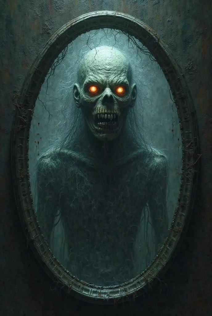 Haunted mirror reflection, psychological horror style, distorted reality, eerie atmosphere.